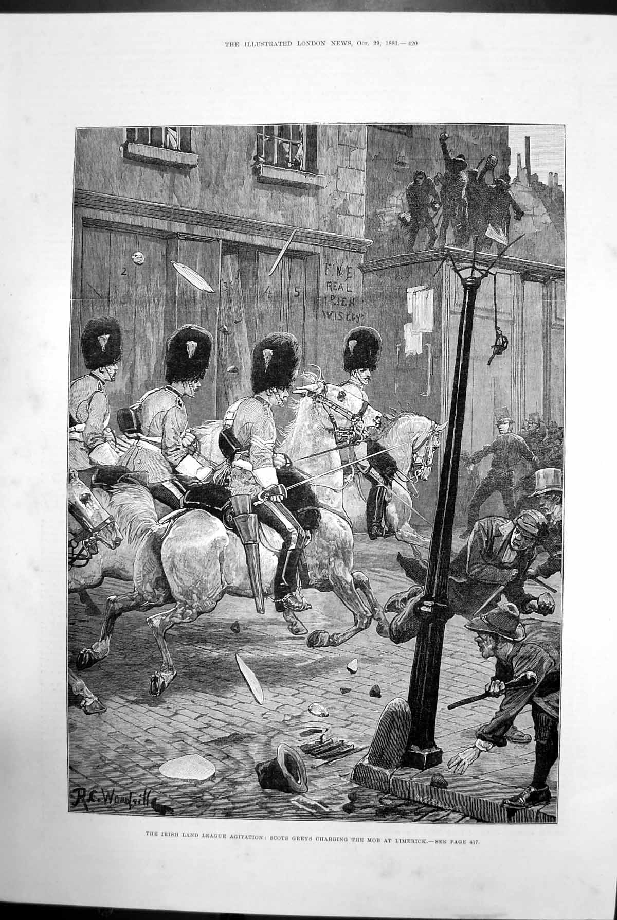 Antique Old Print Irish Land League Scots Greys Charging Mob Limerick 1881 19th