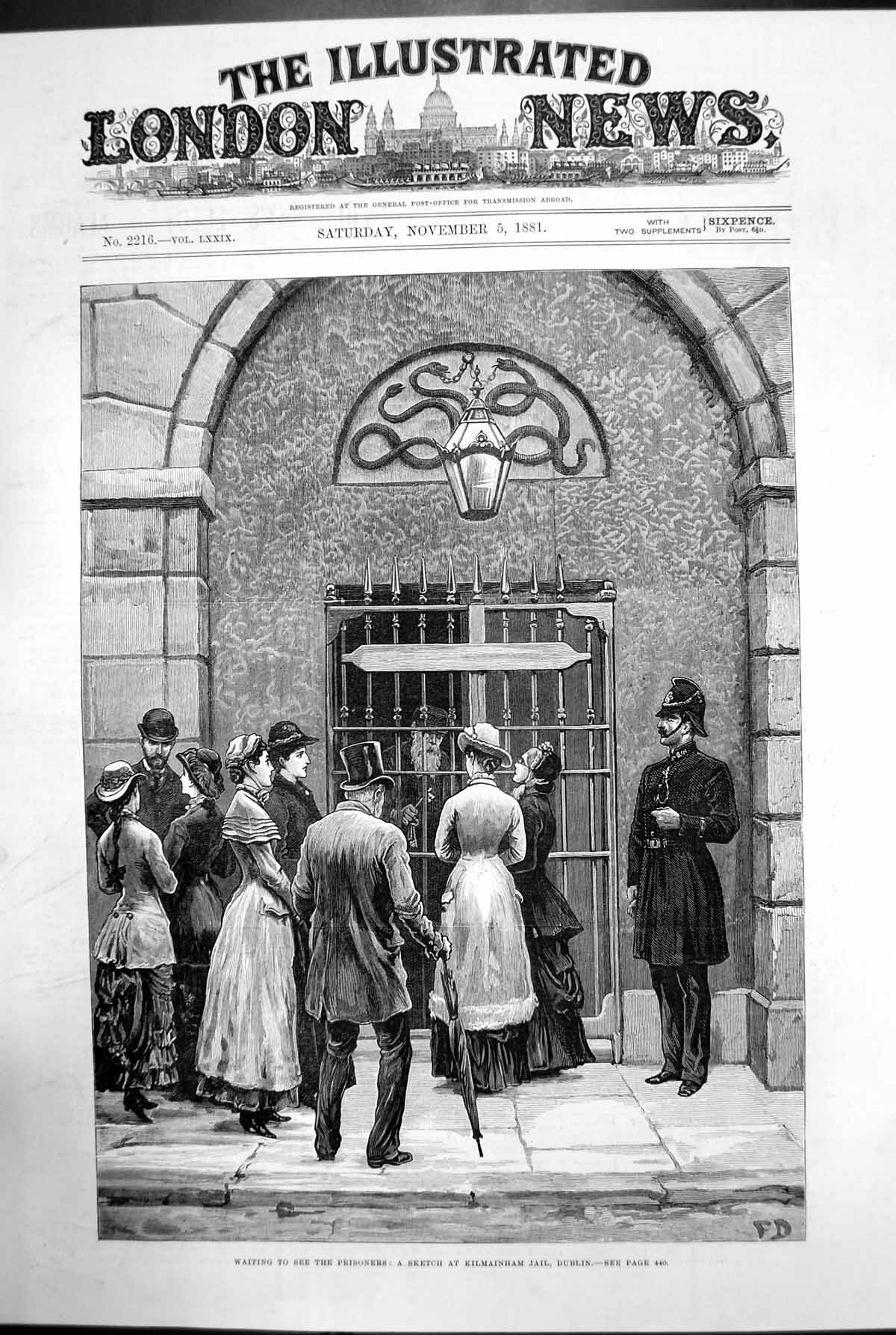 Antique Old Print Waiting To See Prisoners Kilmainham Jail Dublin Sketch 1881
