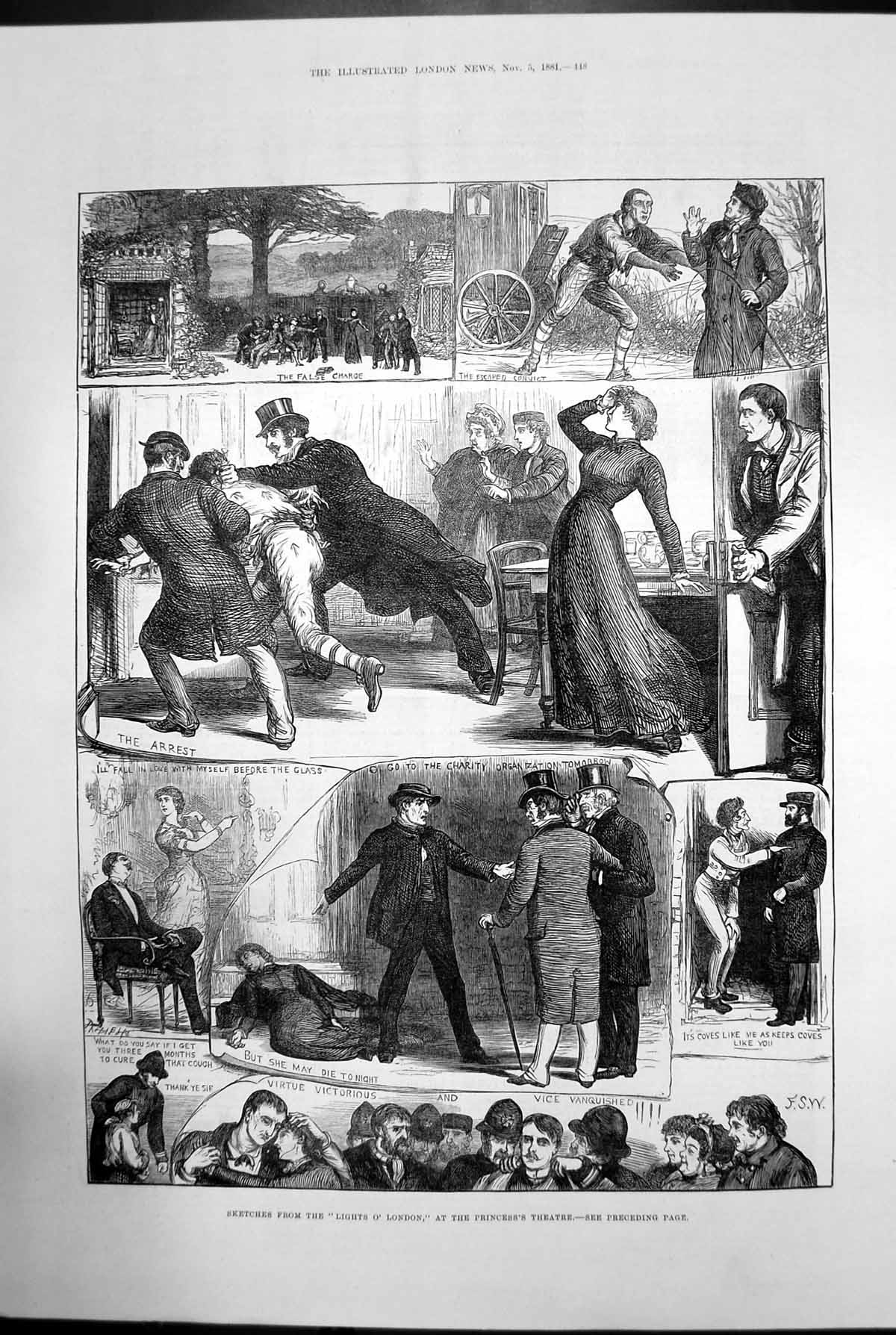 Antique Old Print Lights O London Princess Theatre Acting Convict Escape 1881