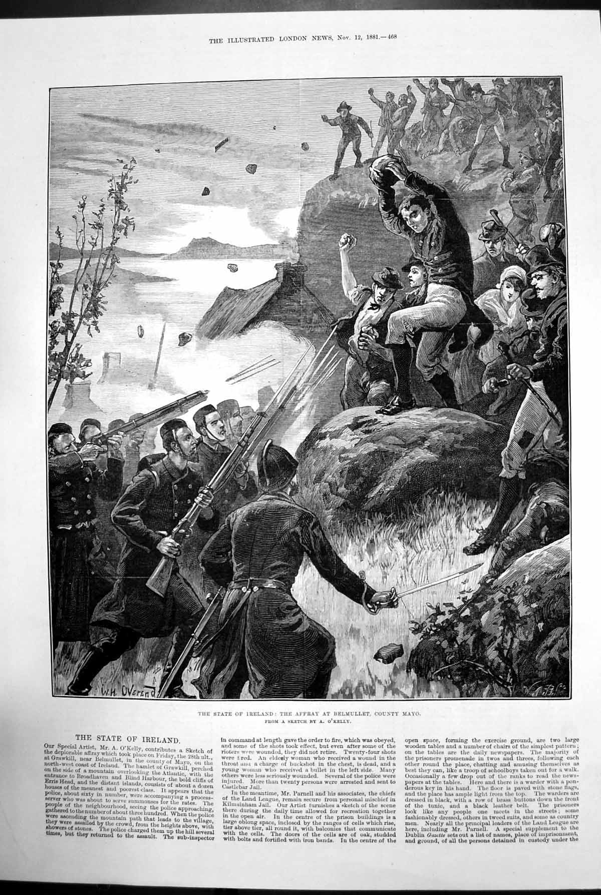 Antique Old Print The State Ireland The Affray At Belmullet County Mayo 1881