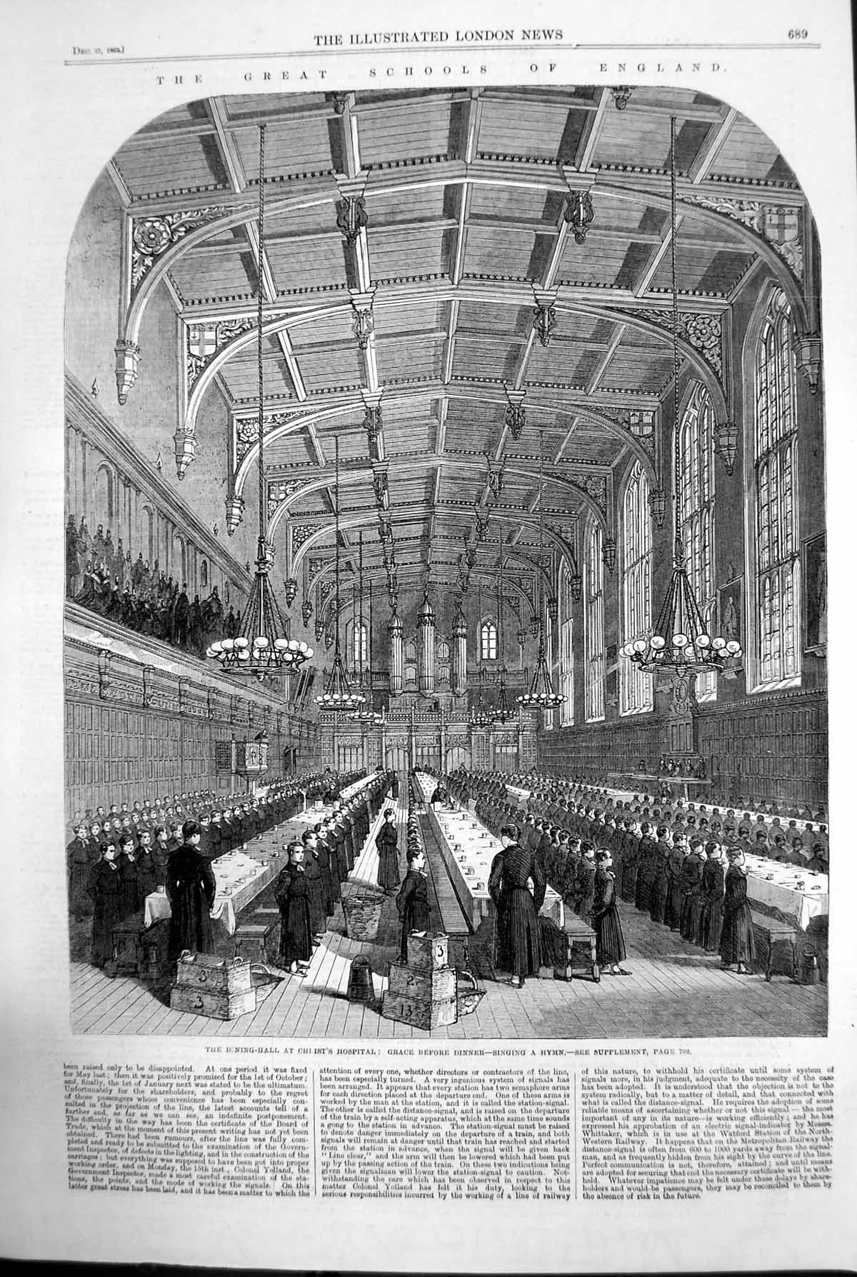 Antique Old Print Dining Hall Christs Hospital Grace Dinner Singing Hymn 1862