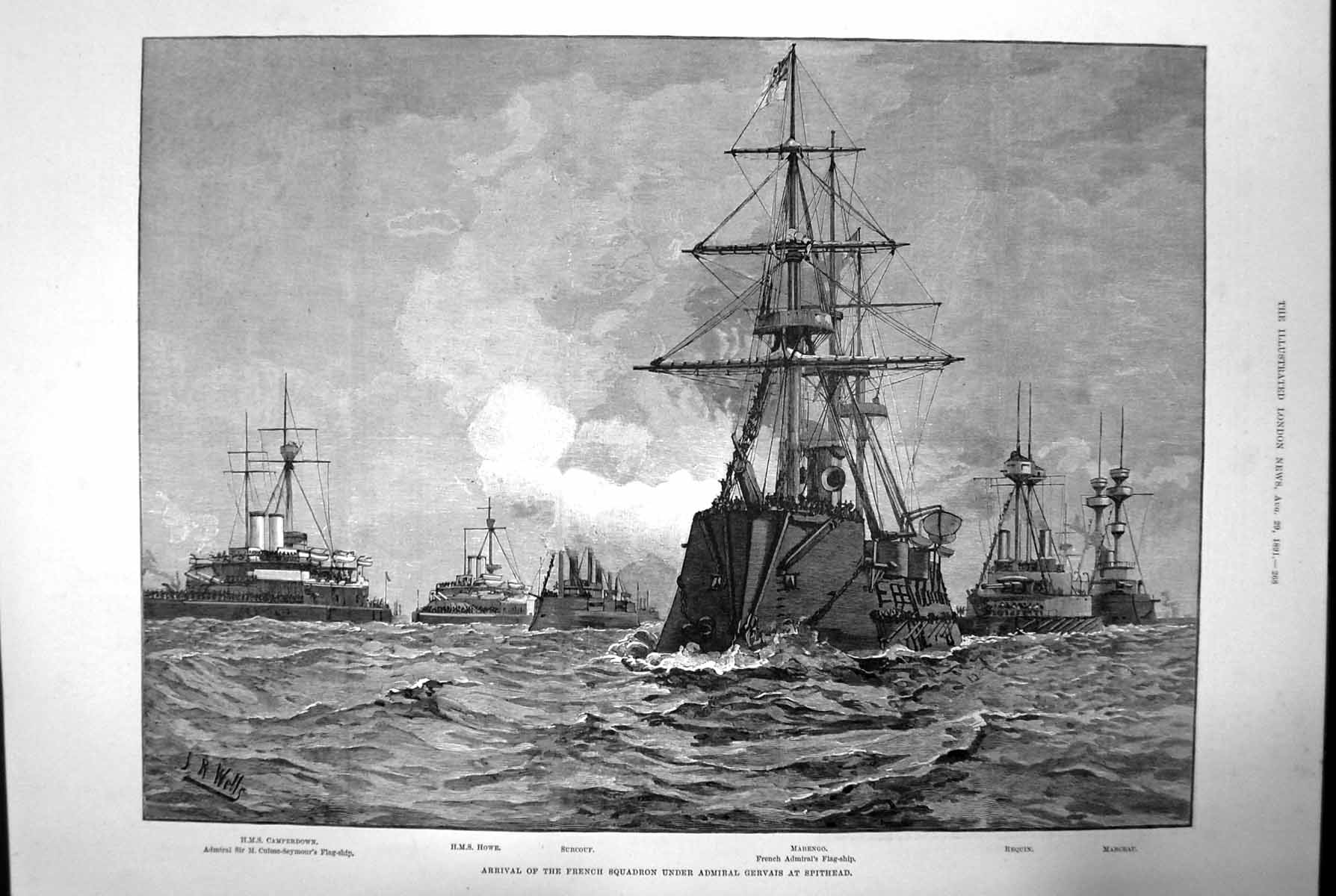Antique Old Print Arrival French Squadron Under Admiral Gervais Spithead 1891