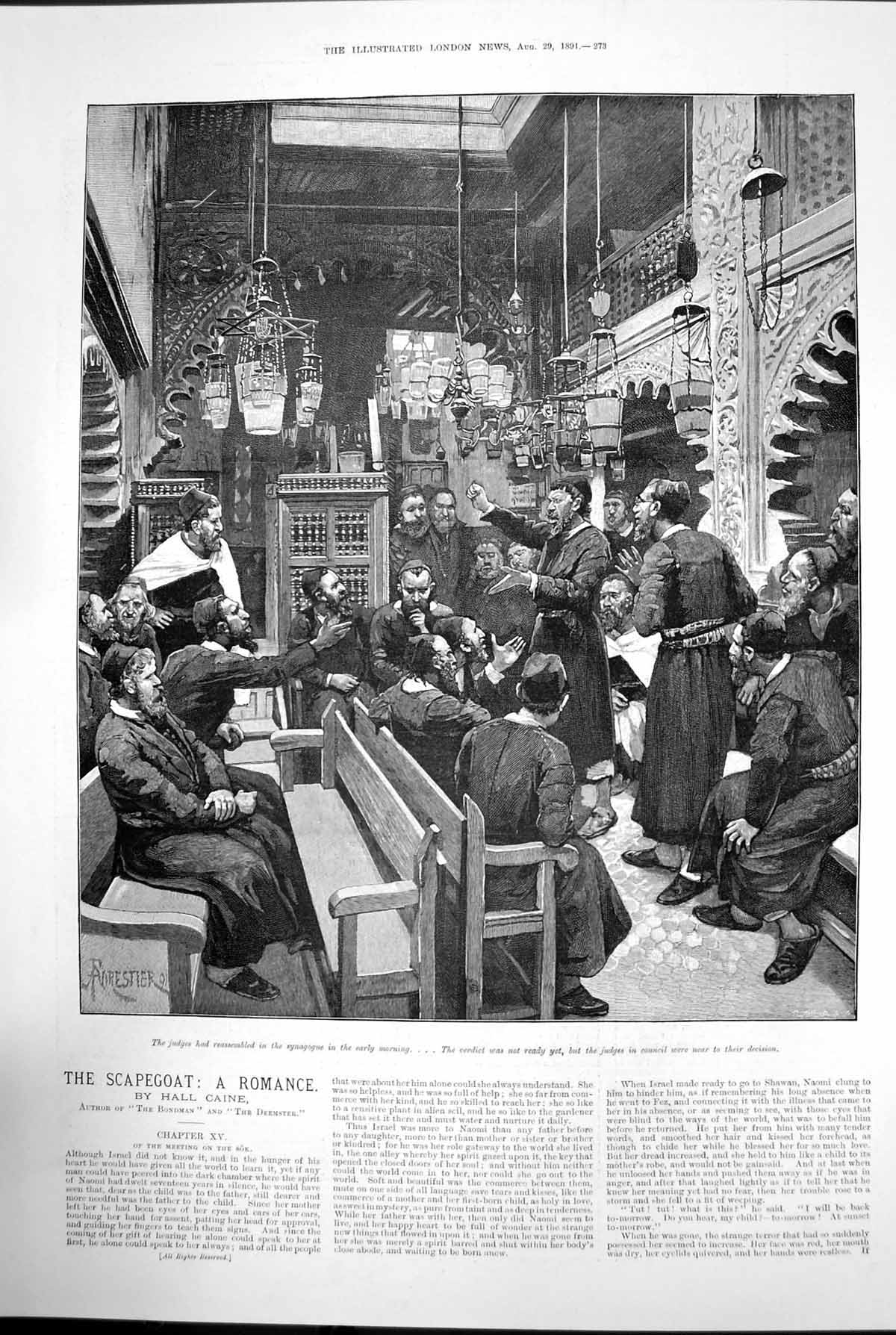 Antique Print Judges Assembled Synagogue Jewish Verdict Council Israel 1891