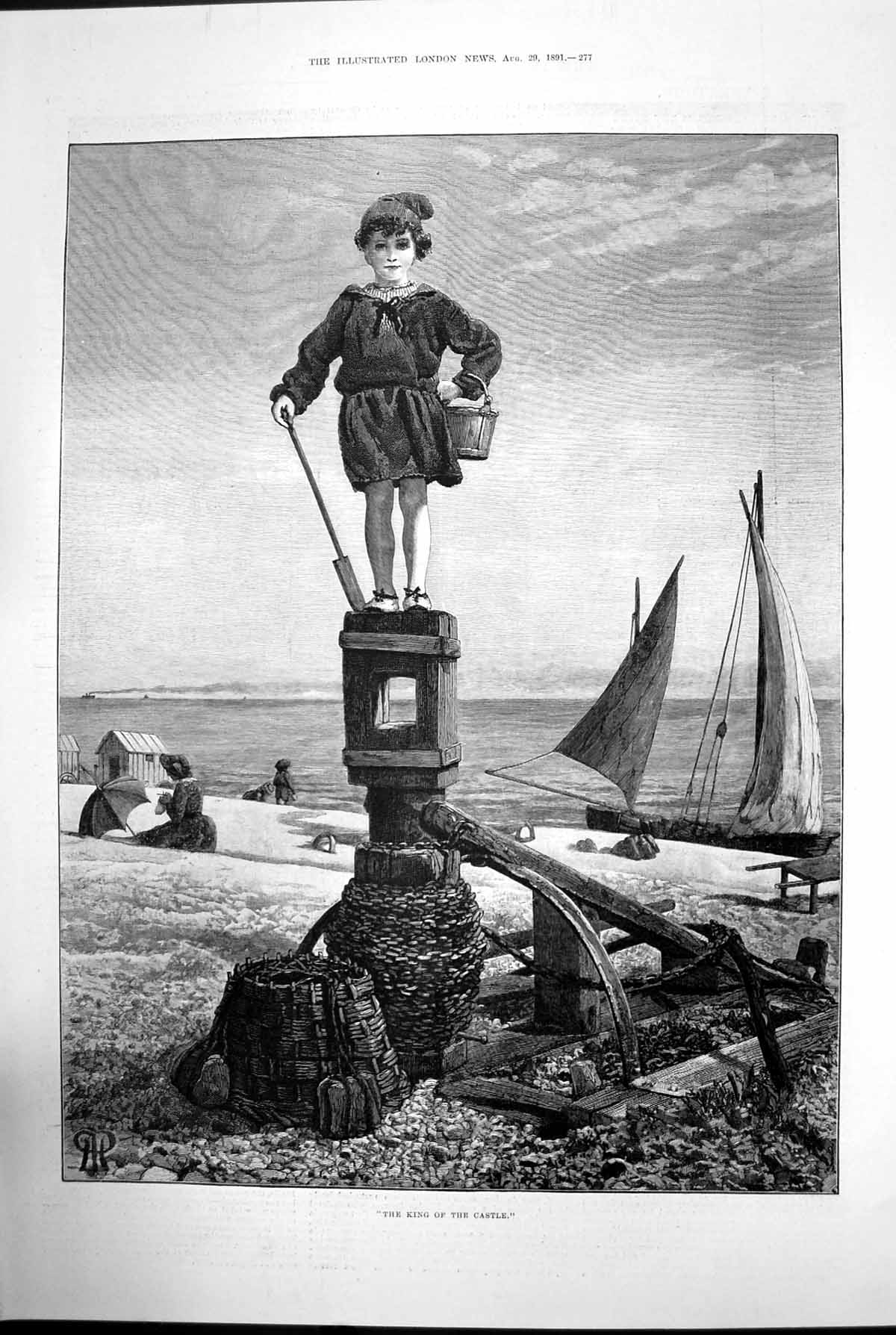 Old Print The King The Castle Child Girl Beach Fishing Basket Chain 1891 19th
