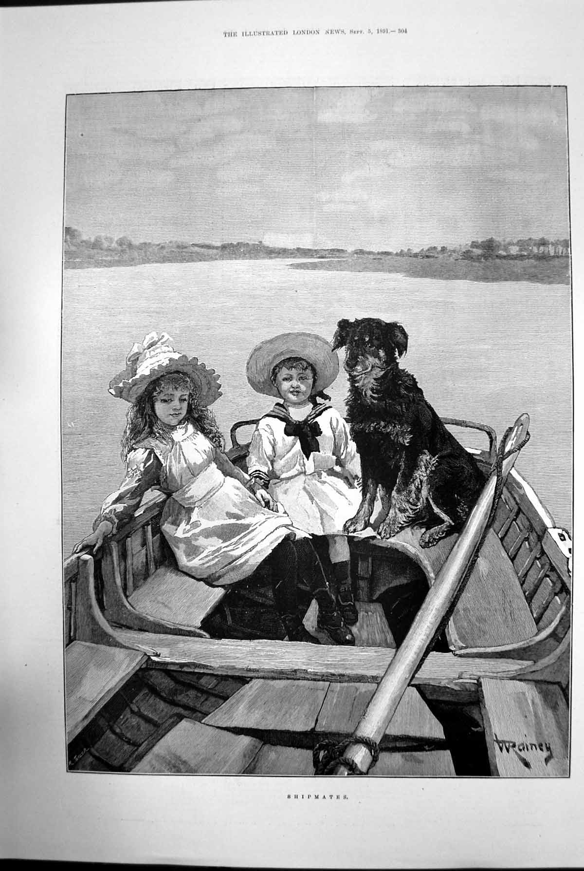 Original Old Antique Print Shipmates Boat Children Girl Dog Lake River 1891
