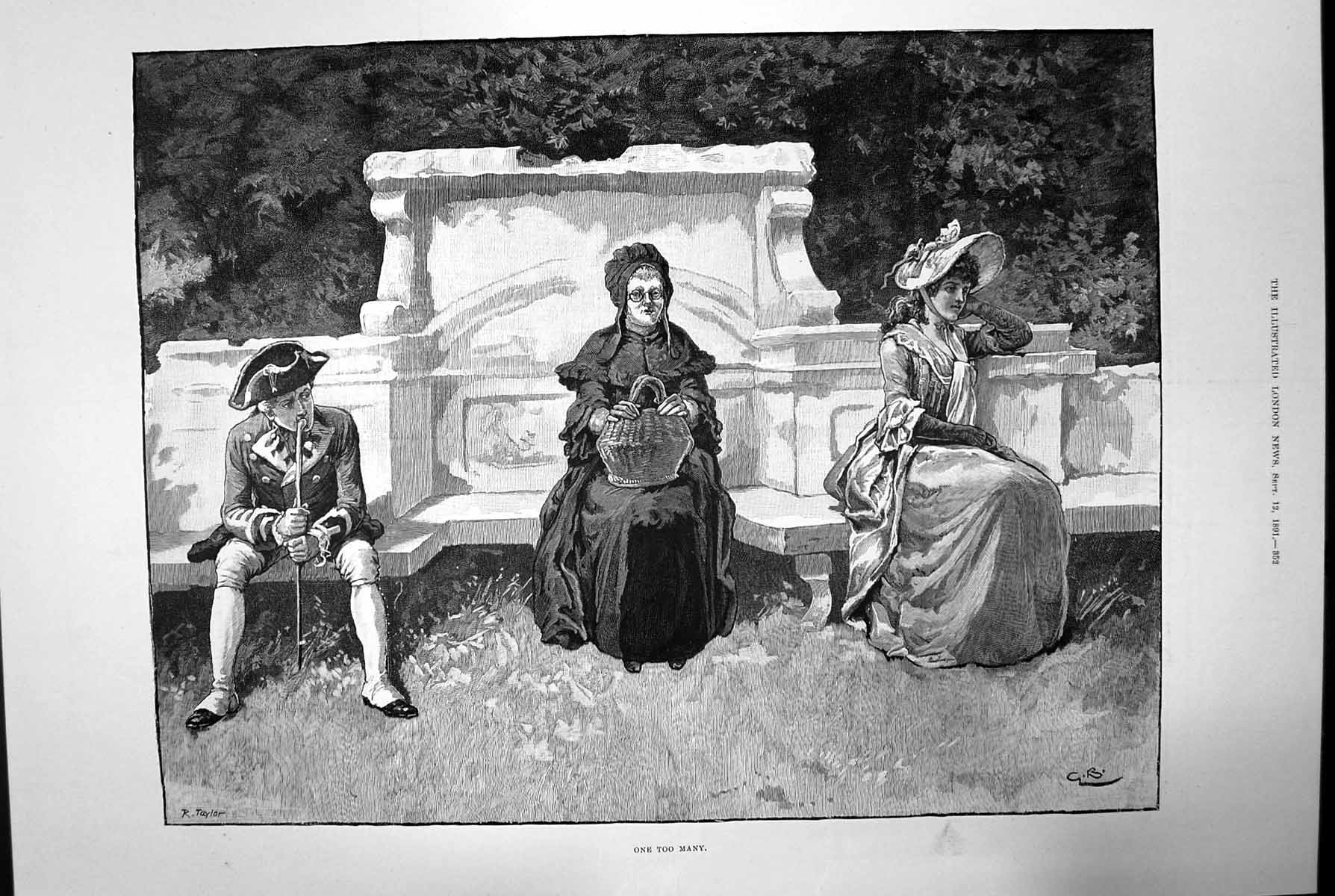 Original Old Antique Print One Too Many Woman Basket Garden Sitting 1891 19th