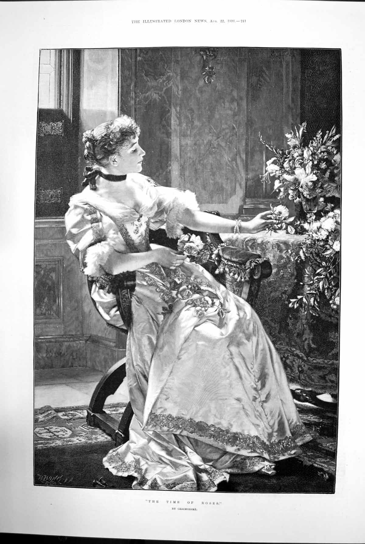 Original Old Antique Print The Time Roses By Czachorski 1891 19th