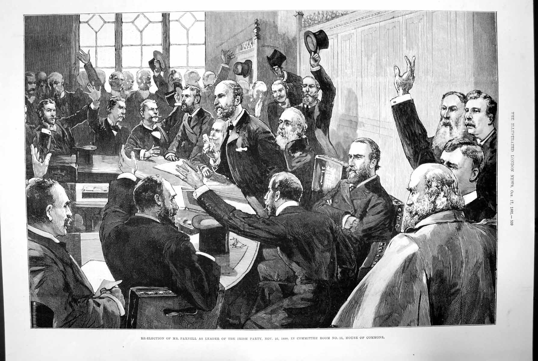 Antique Old Print Re-Election Parnell Leader Irish Party House Commons 1891