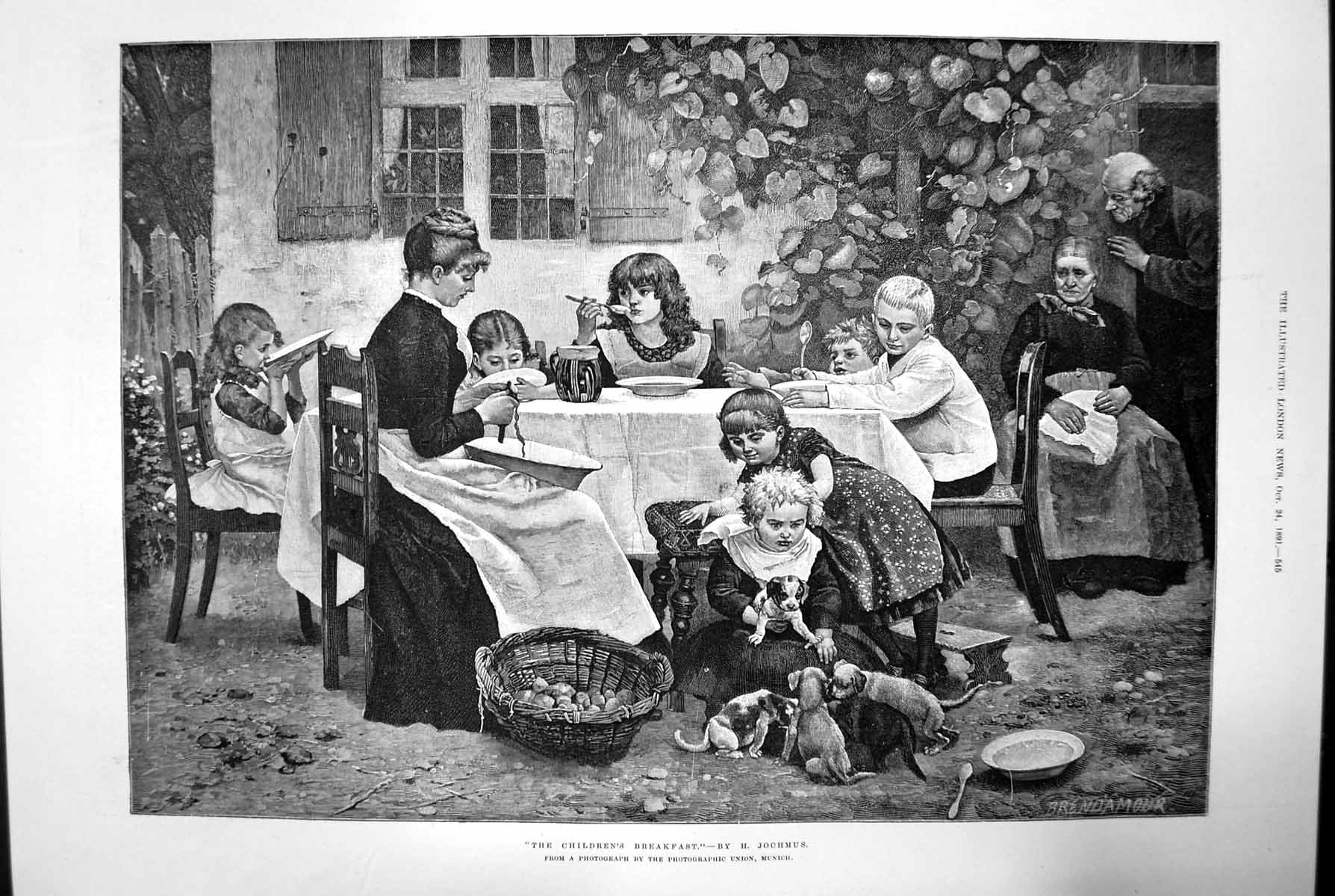 Old Antique Print The Childrens Breakfast By H Jochmus Dogs Garden 1891 19th
