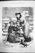 Antique Old Print Bringing Home The Yule Log Dogs Children Woman Snow 1881 19th