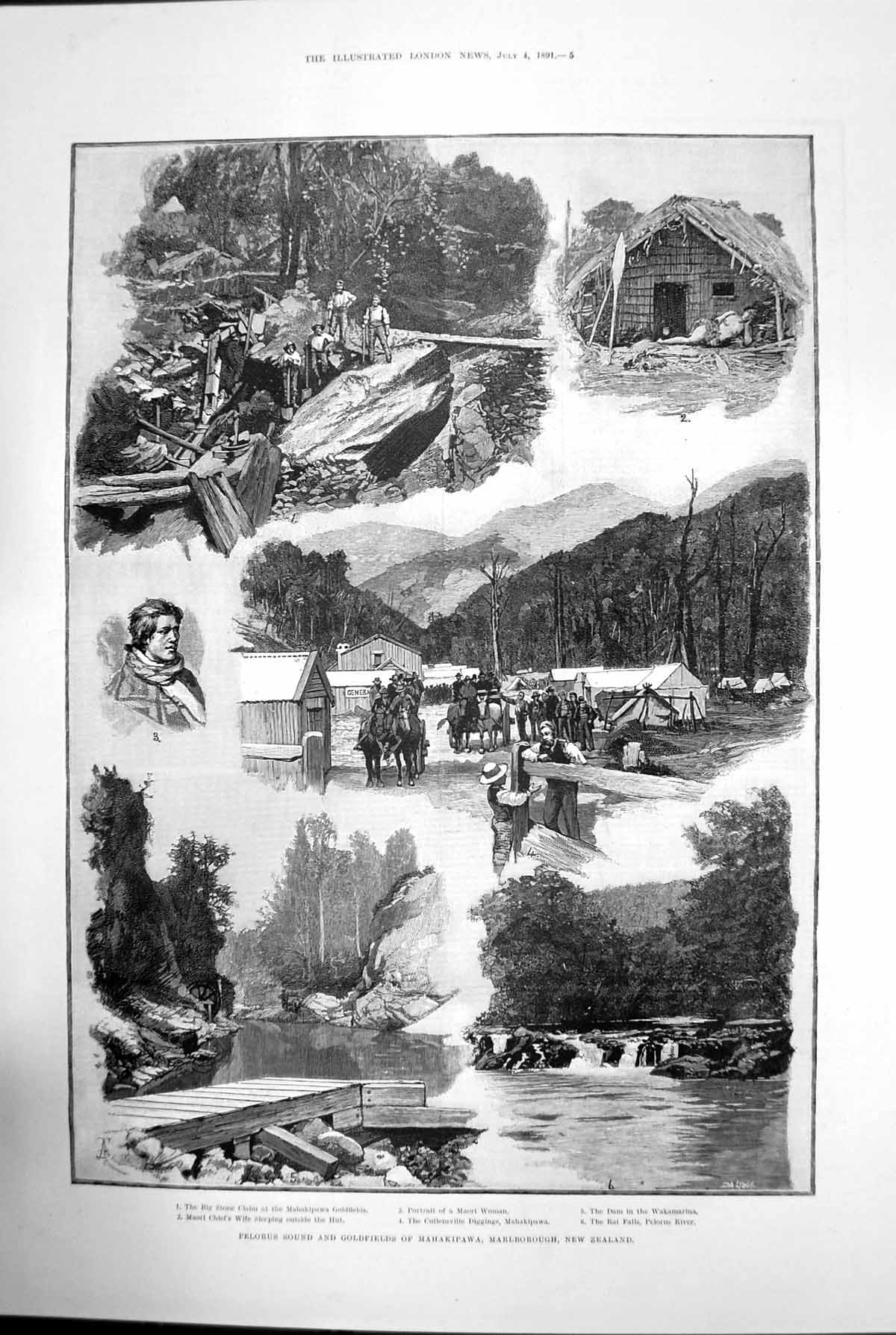 Old Antique Print Pelorus Gfields Mahakipawa Marlborough New Zealand 1891 19th