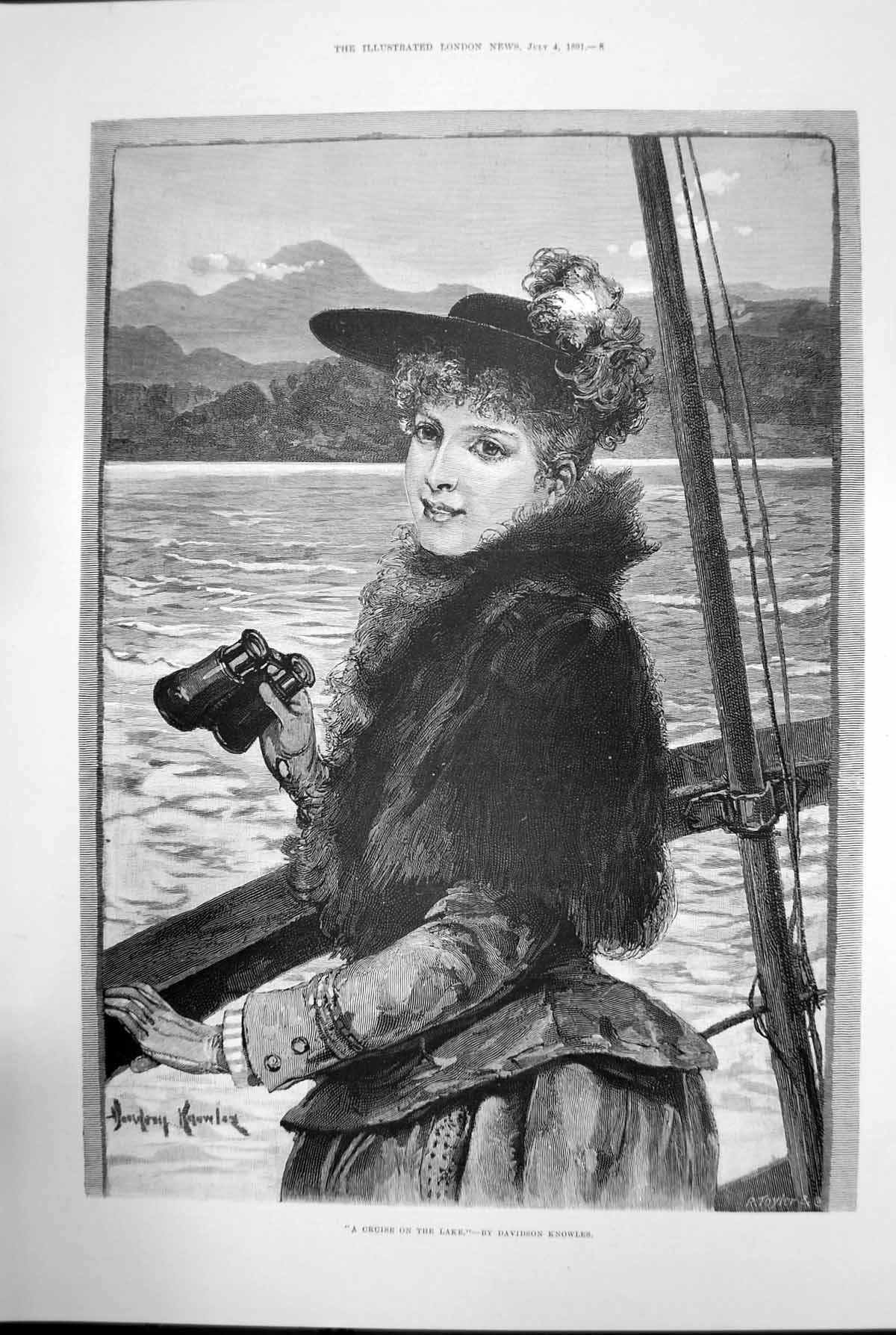 Old Print A Cruise On The Lake By Davidson Knowles Binoculars Woman 1891 19th