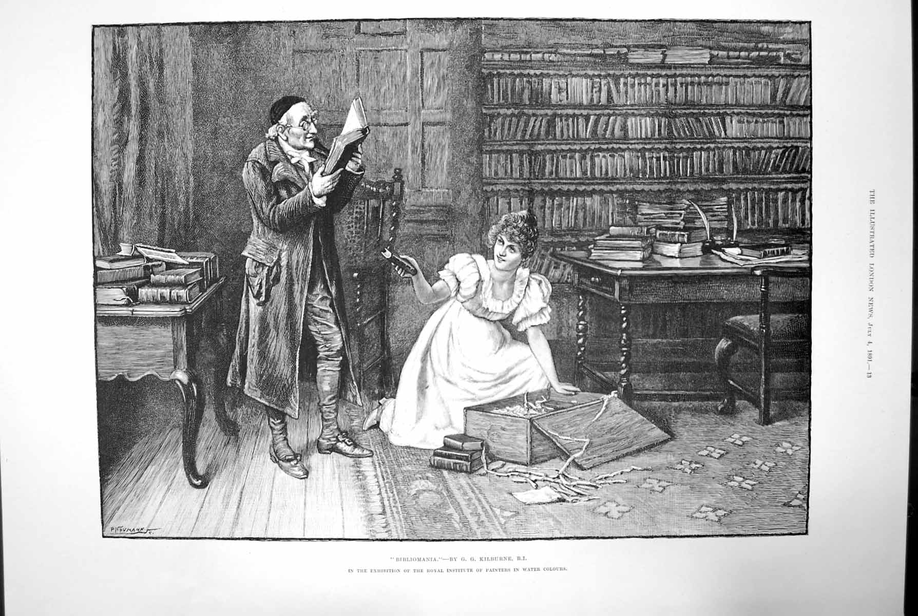 Antique Old Print Bibliomania Gg Kilburne Library Sketch Water Colours 1891