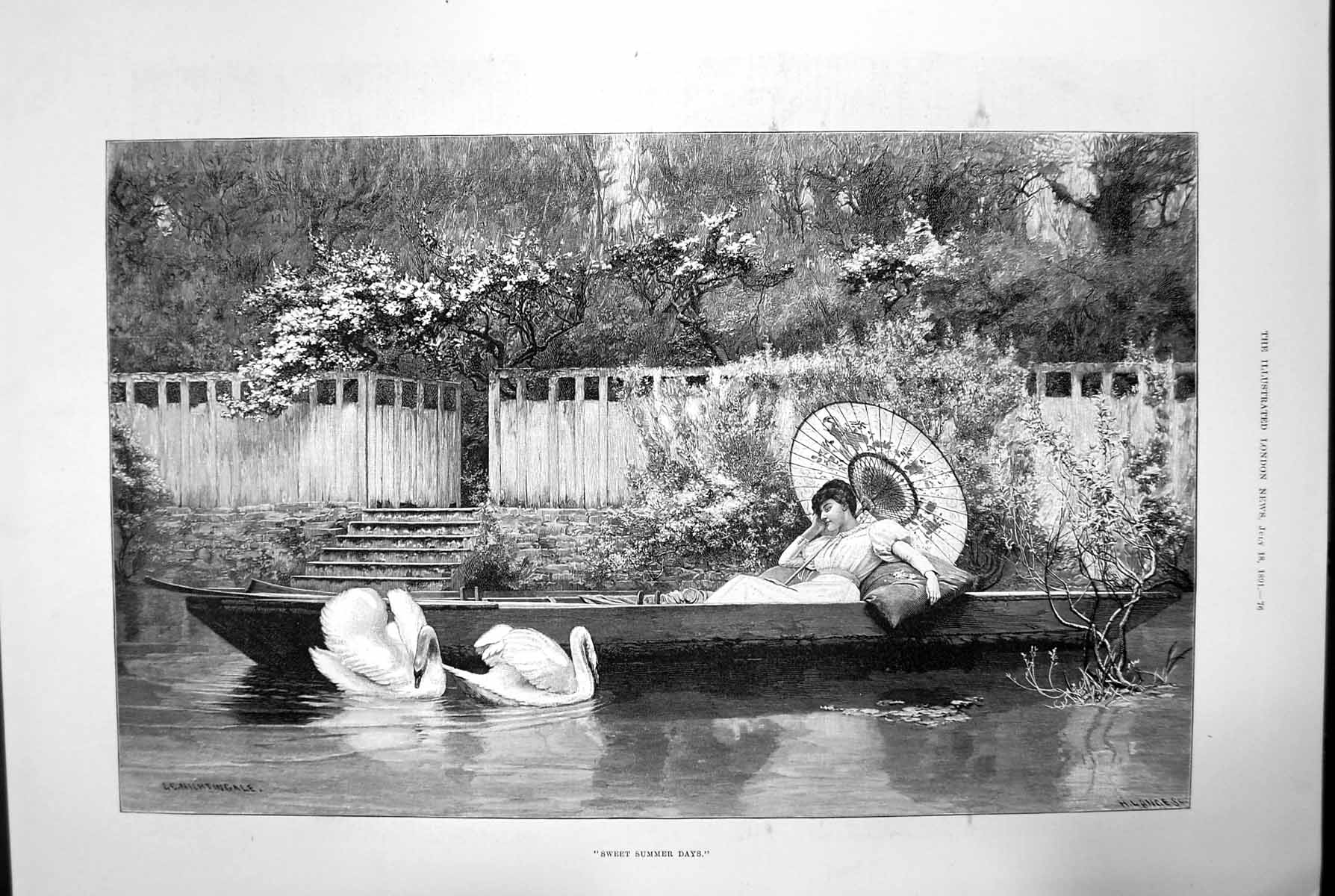 Old Antique Print Sweet Summer Days Boat River Woman Swan Umbrella 1891 19th