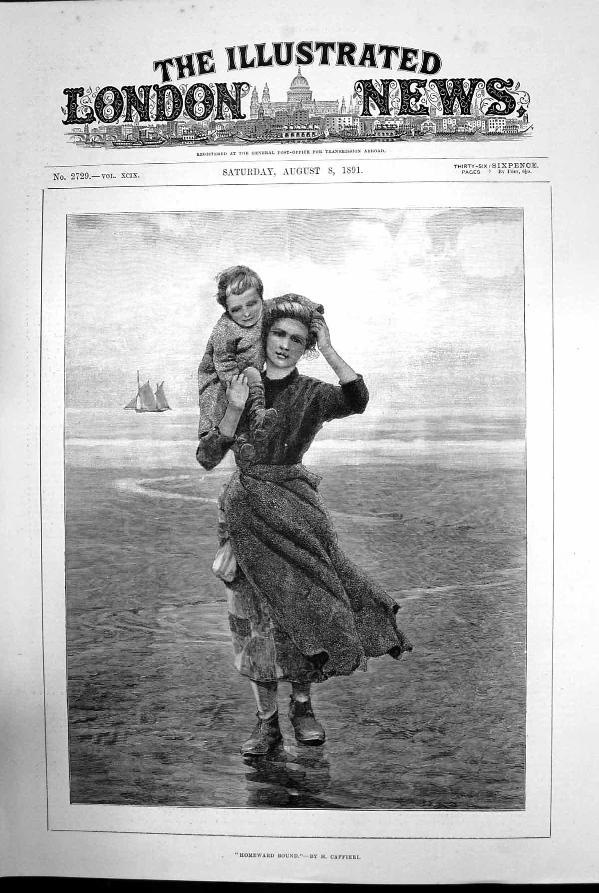 Original Old Antique Print Homeward Bound By H Caffieri Woman Child Boat 1891