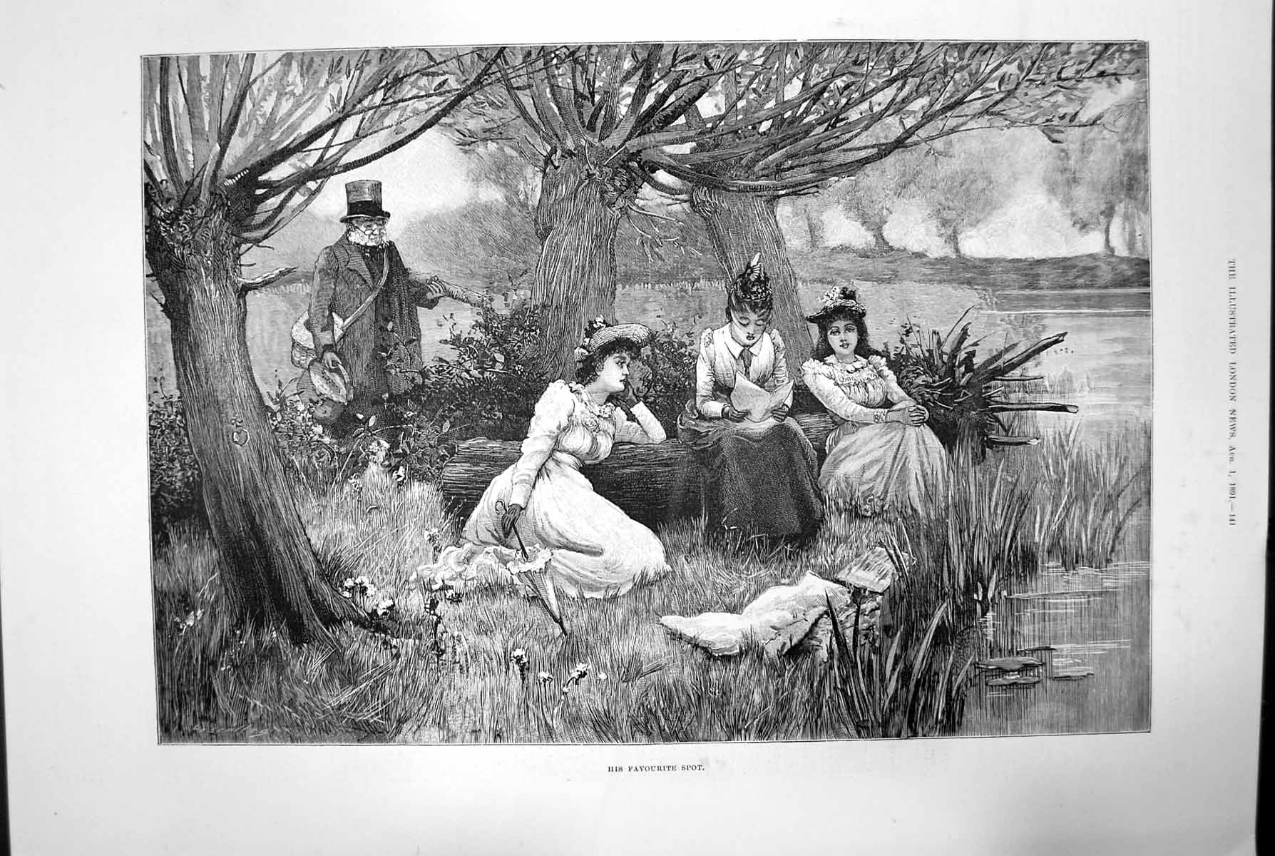 Original Old Antique Print His Favourite Spot Man Women River Tree Reading 1891