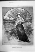 Antique Old Print Maiden Meditation Davidson Knowles Woman Tree Garden 1881