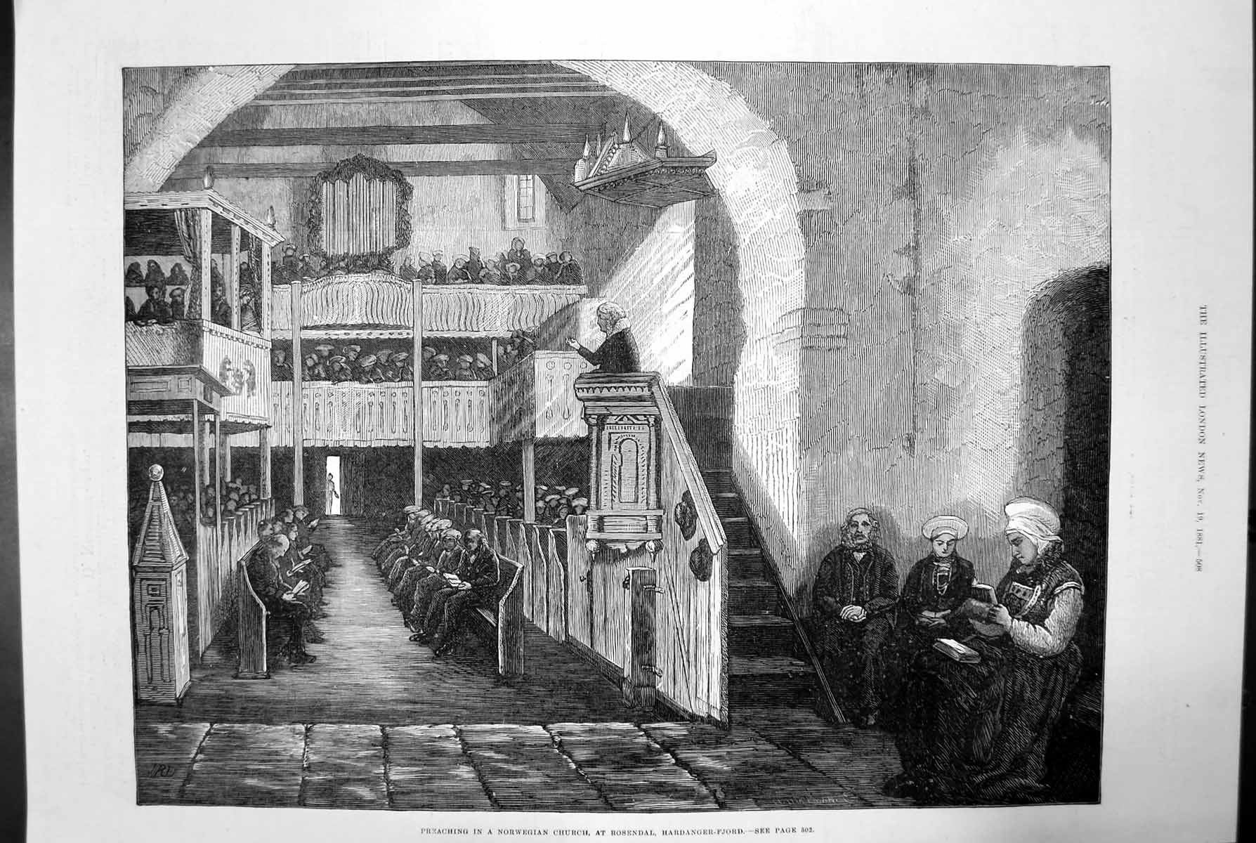 Antique Print Preaching In A Norweigan Church Rosendal Hardanger-Fjord 1881