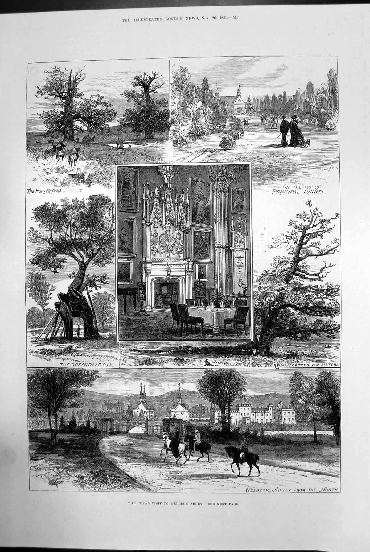 Old Print The Royal Visit To Welbeck Abbey Porter Oaks Greendale Oak 1881 19th