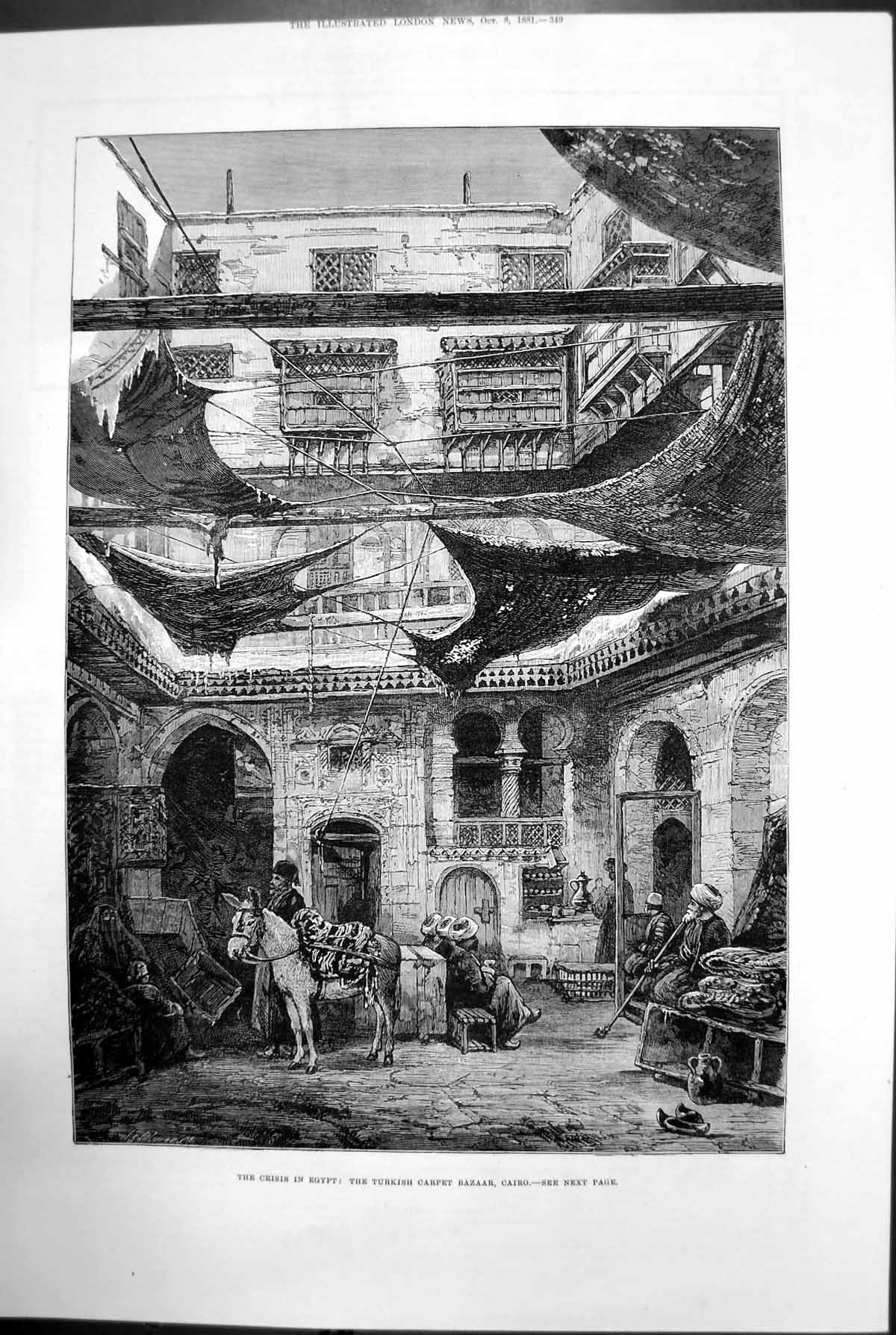 Original Old Antique Print The Crisis In Egypt Turkish Carpet Bazaar Cairo 1881