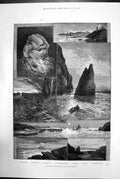 Antique Old Print Sketch Isle Man Port St Mary Manx Sugar Loaf Port Erin 1881