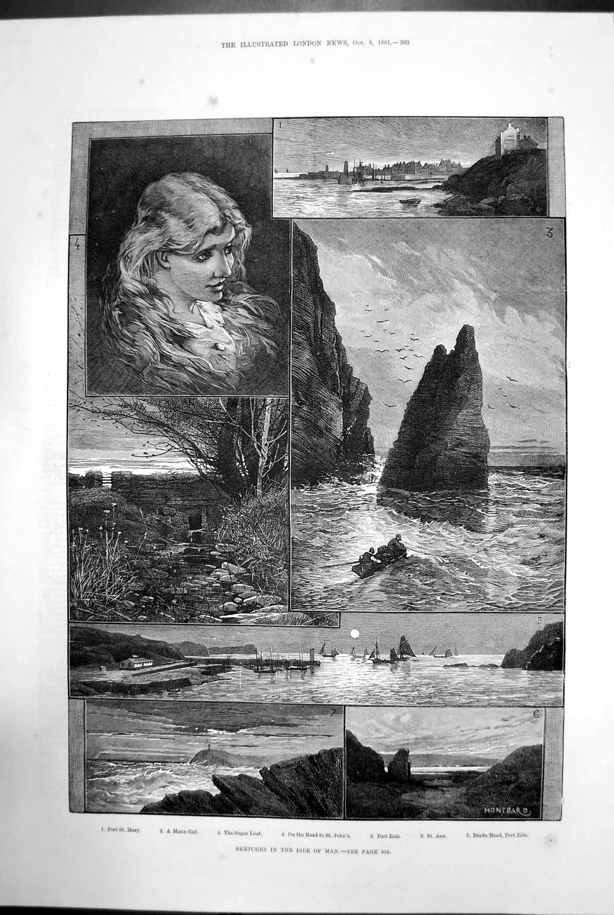 Antique Old Print Sketch Isle Man Port St Mary Manx Sugar Loaf Port Erin 1881