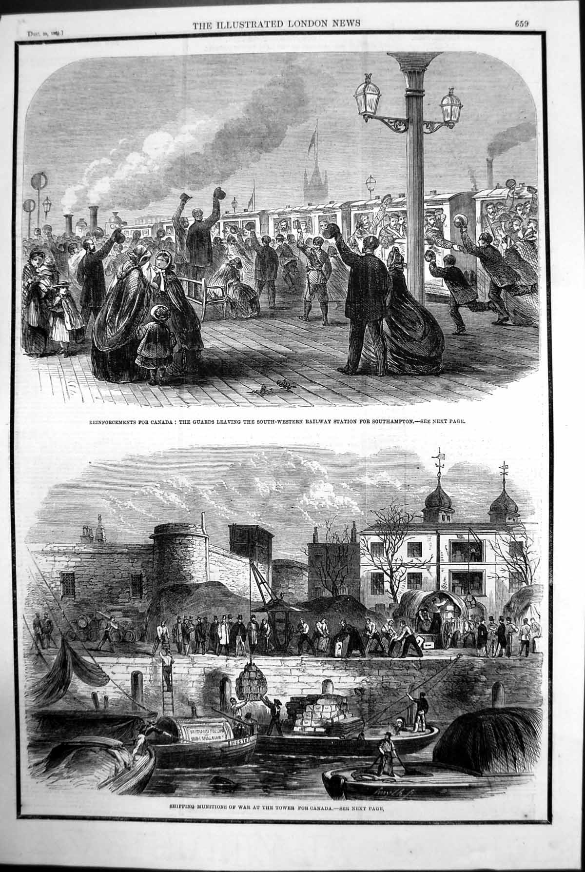 Antique Old Print Reinforcements Canada Guards Southampton Munitions War 1861