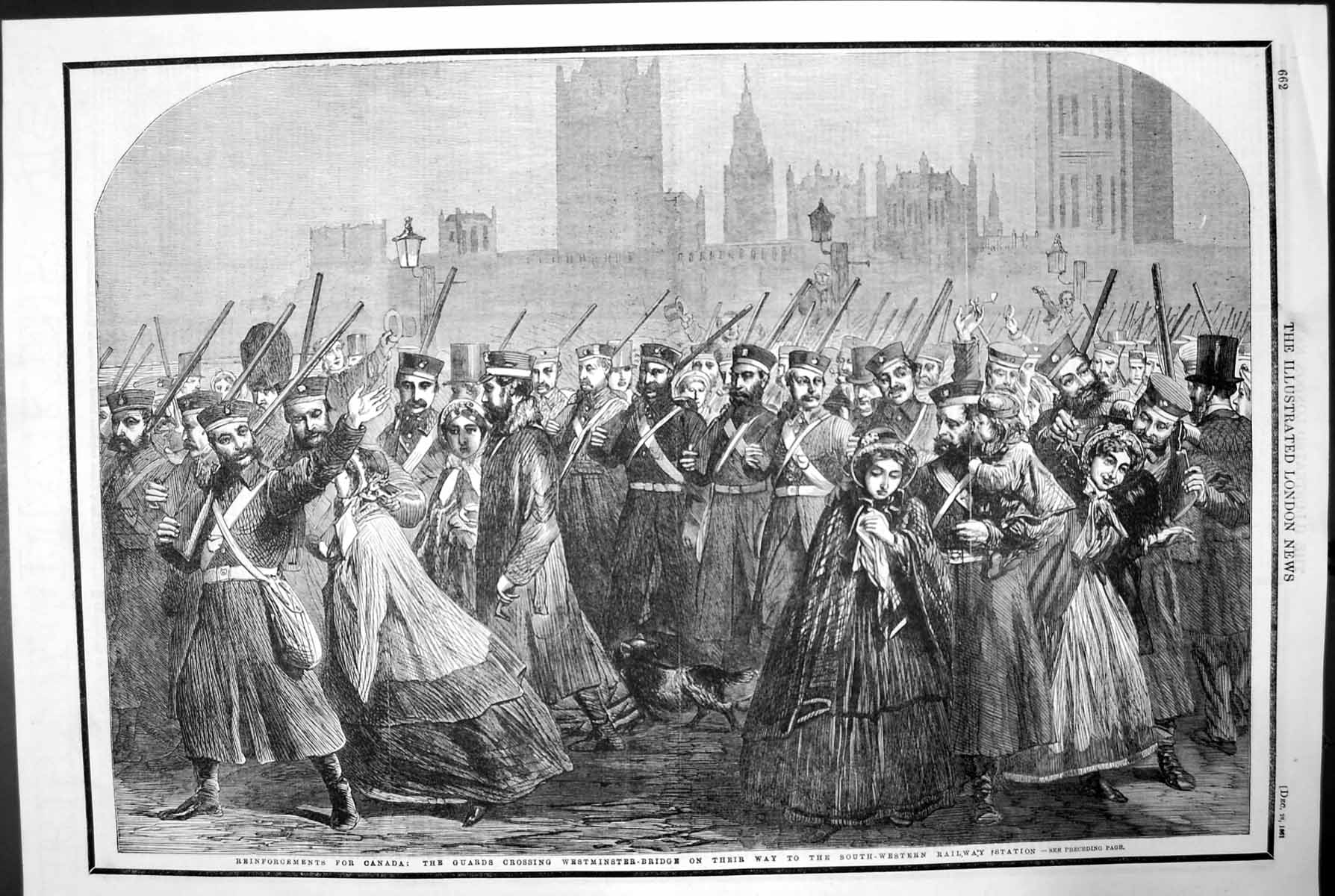 Antique Old Print Reinforcements Canada Westminster Bridge South Western 1861