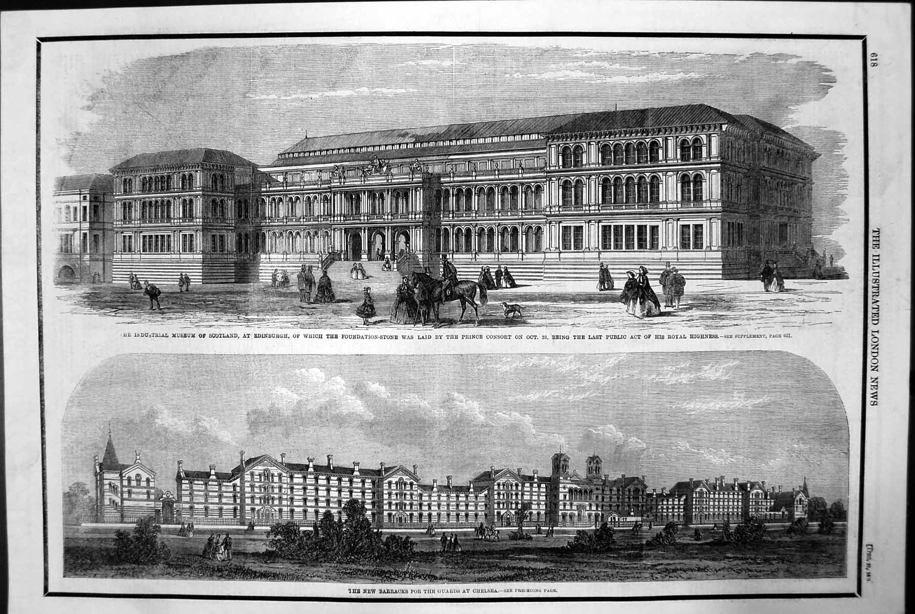 Antique Old Print Museum Scotland Prince Consort New Barracks Chelsea 1861 19th