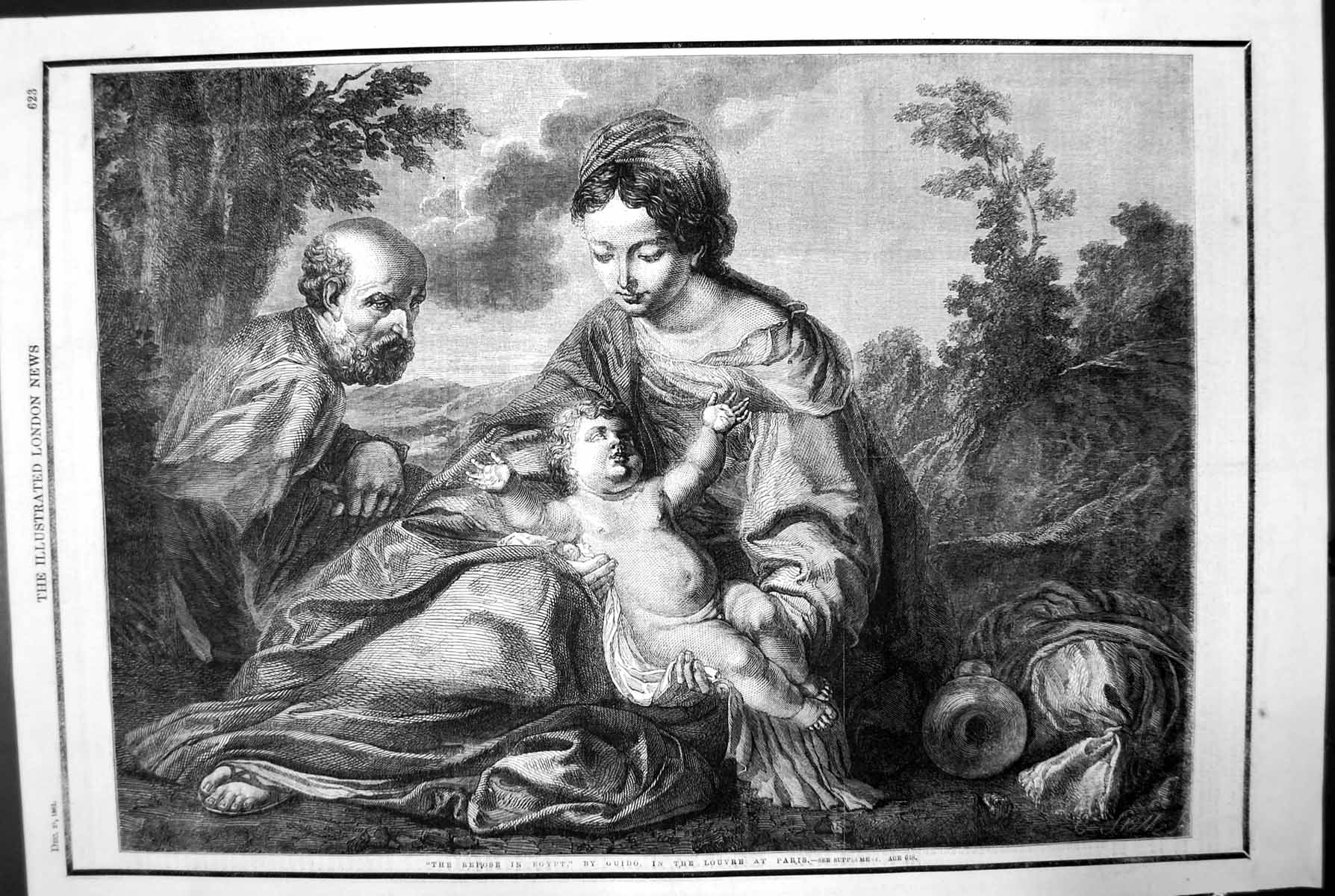 Antique Old Print The Repose In Egypt By Guido Louvre Paris Baby Mother 1861