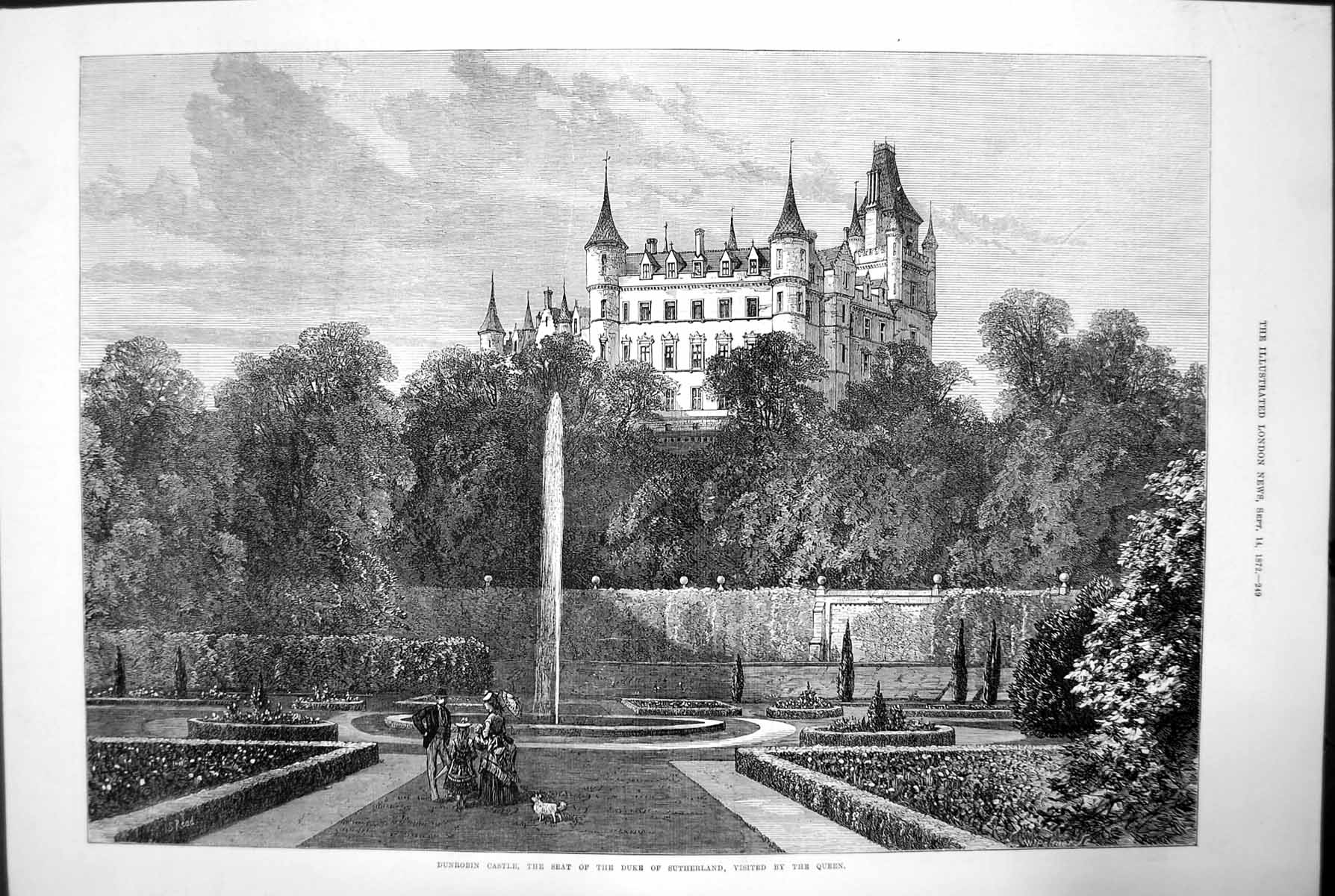 Antique Old Print Dunrobin Castle Seat Duke Sutherland Visited By Queen 1872