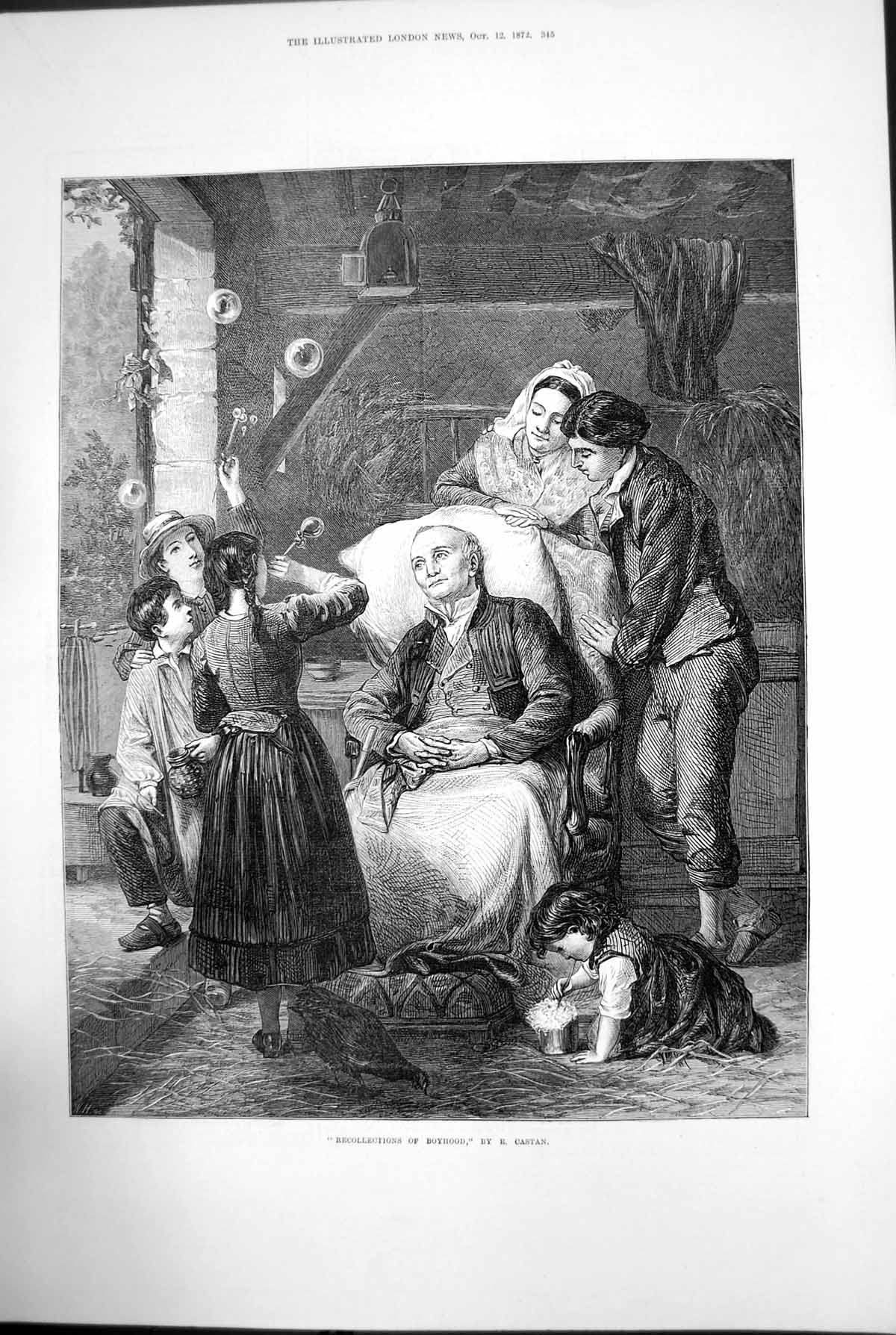 Original Old Antique Print Recollections Boyhood E Castan Bubbles Children 1872