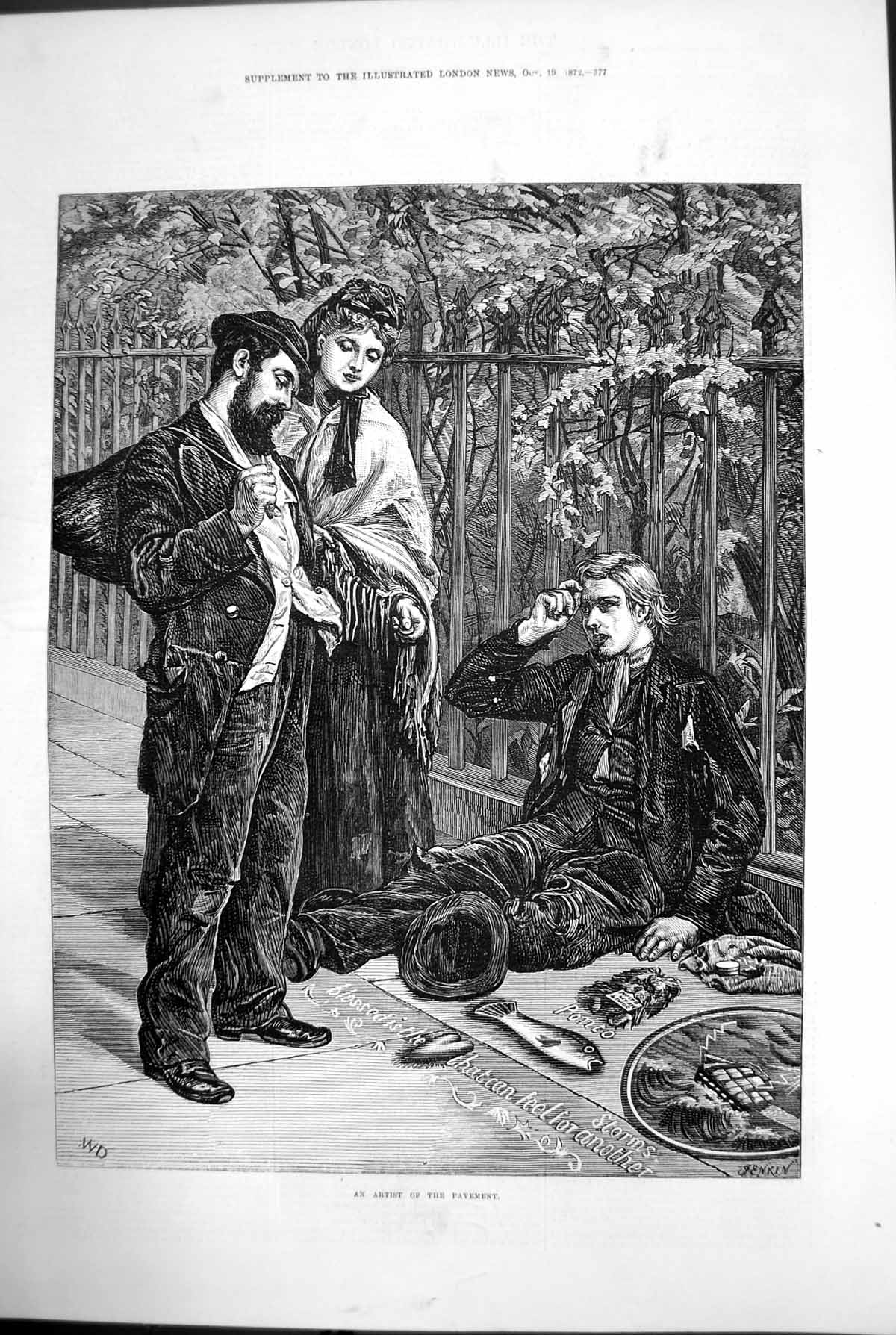 Antique Old Print An Artist The Pavement Ponto Heart Storms Man Begging 1872