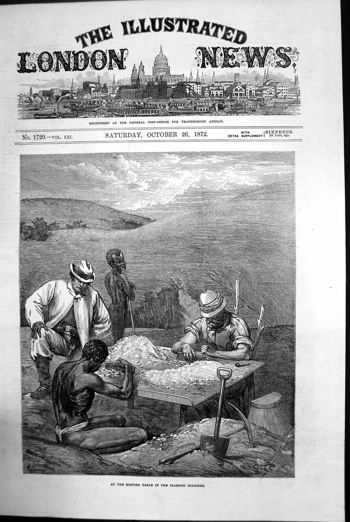 Antique Print At The Sorting Table In The Diamond Diggings Africa Men 1872 19th