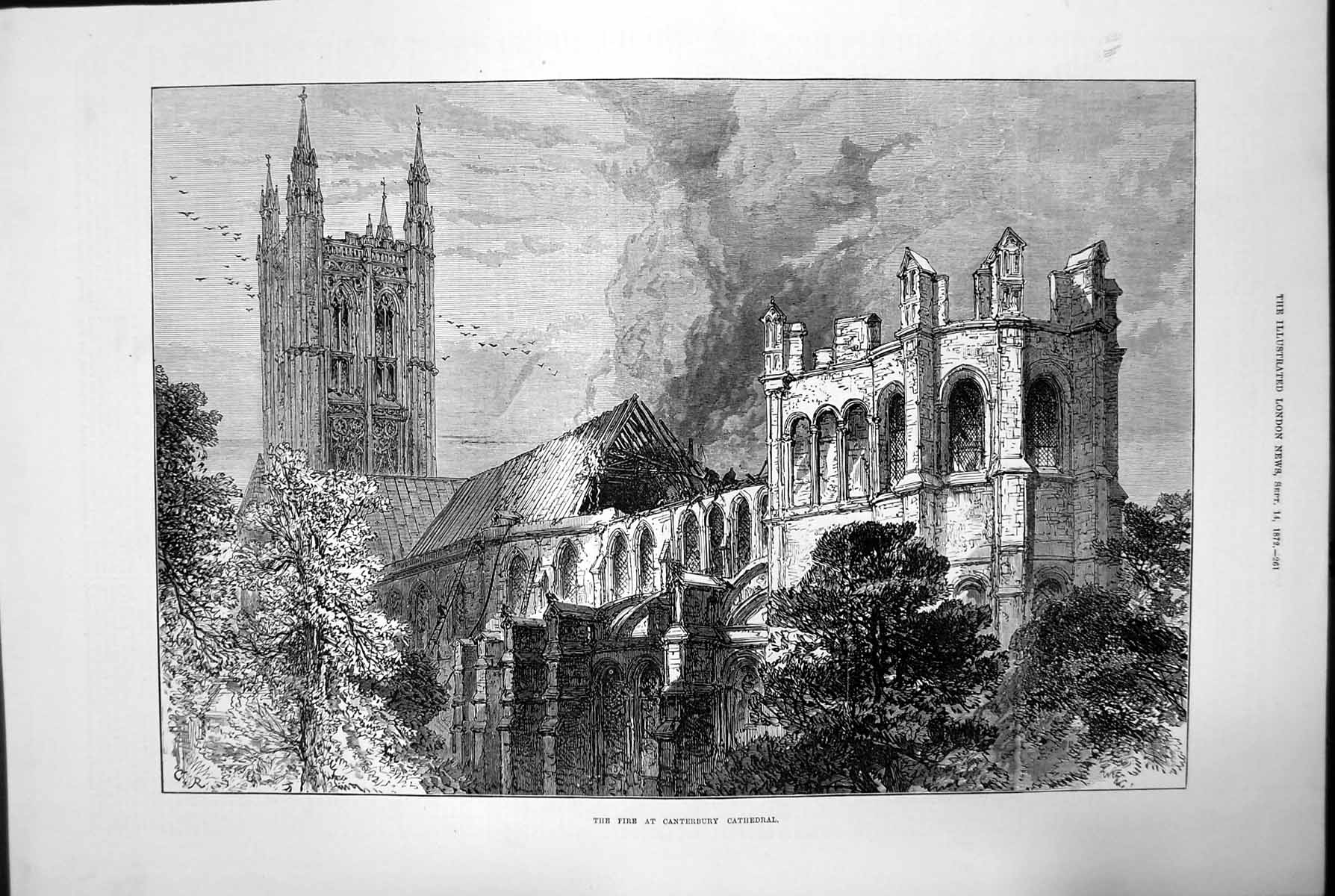 Original Old Antique Print The Fire At Canterbury Cathedral 1872 19th