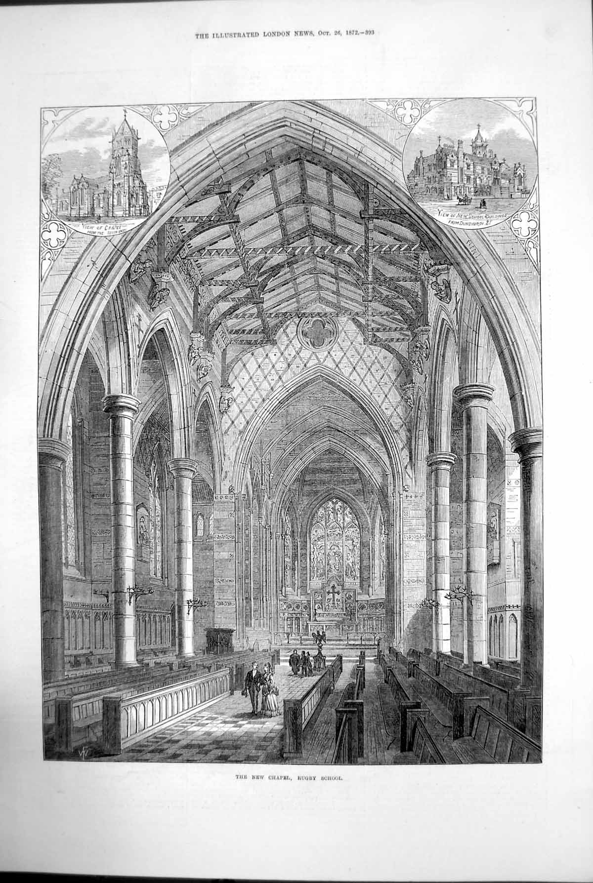 Old Print The New Chapel Rugby School New Buildings Dunchurch Street 1872 19th