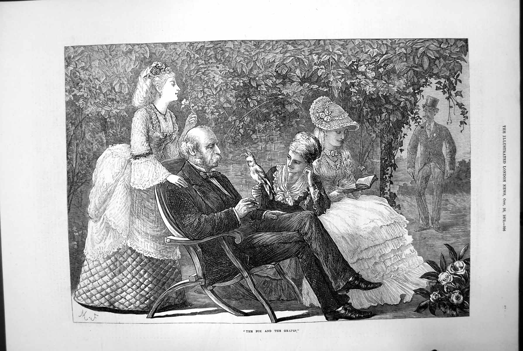 Antique Old Print The Fox And The Grapes Men Women Reading Garden Bird 1872
