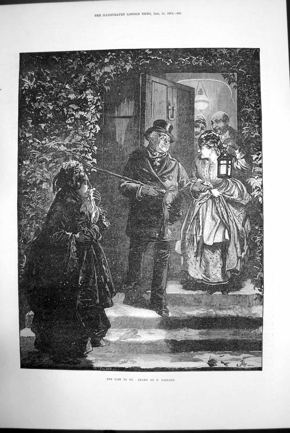 Old Print The Last To Go F Barnard Lantern Men Women Doorstep House 1872 19th