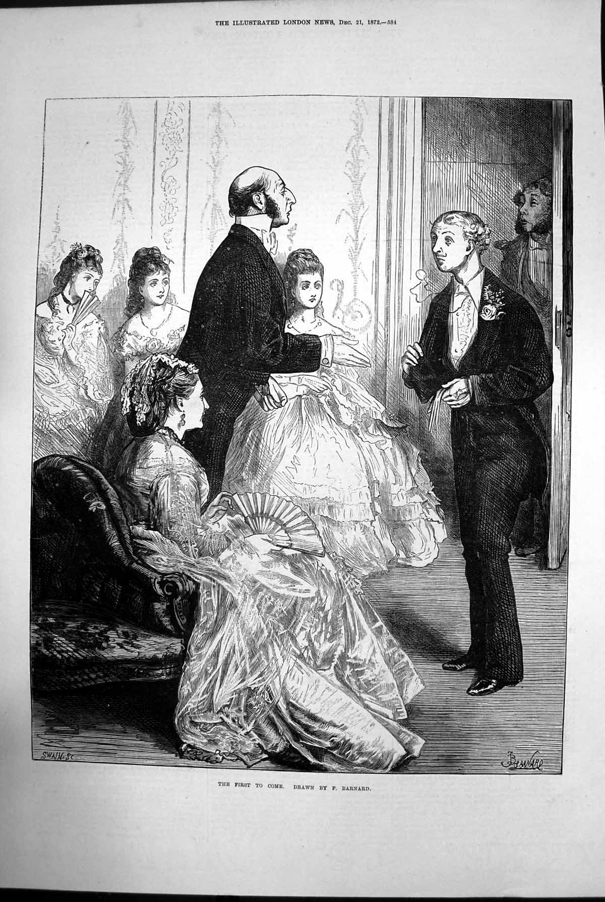 Antique Print The First To Come F Barnard Dress Party Ball Upper Class 1872