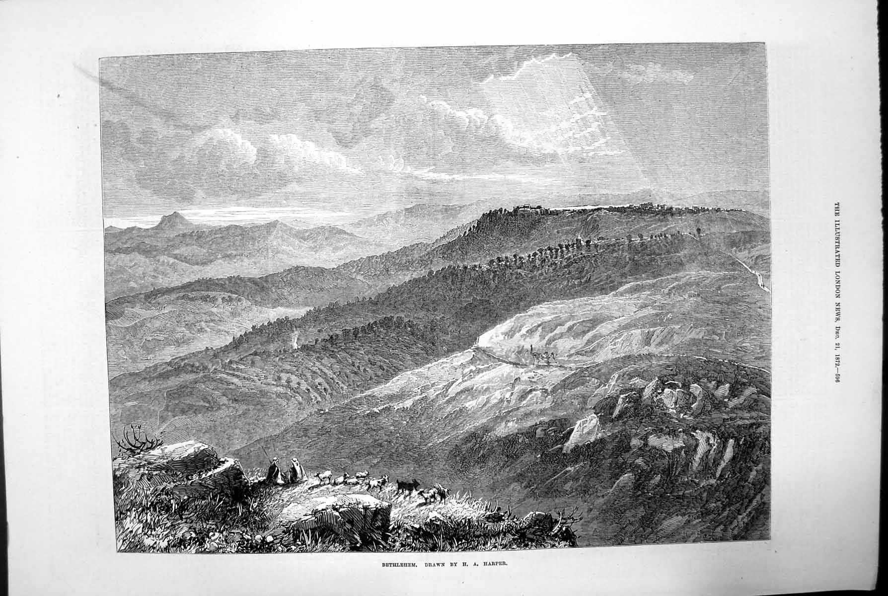 Antique Old Print Bethlehem Ha Harper Shepherd Sheep Hills Rock Israel 1872