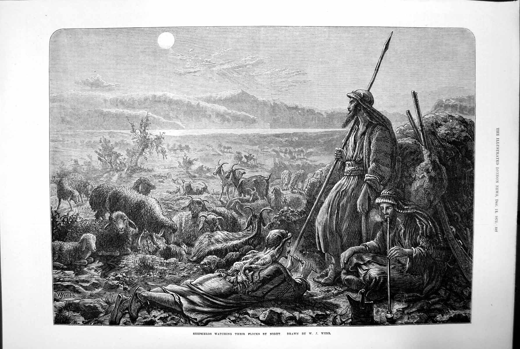 Old Shepherds Watching Their Flocks At Night Wj Webb Sheep Goat 1872 Victorian