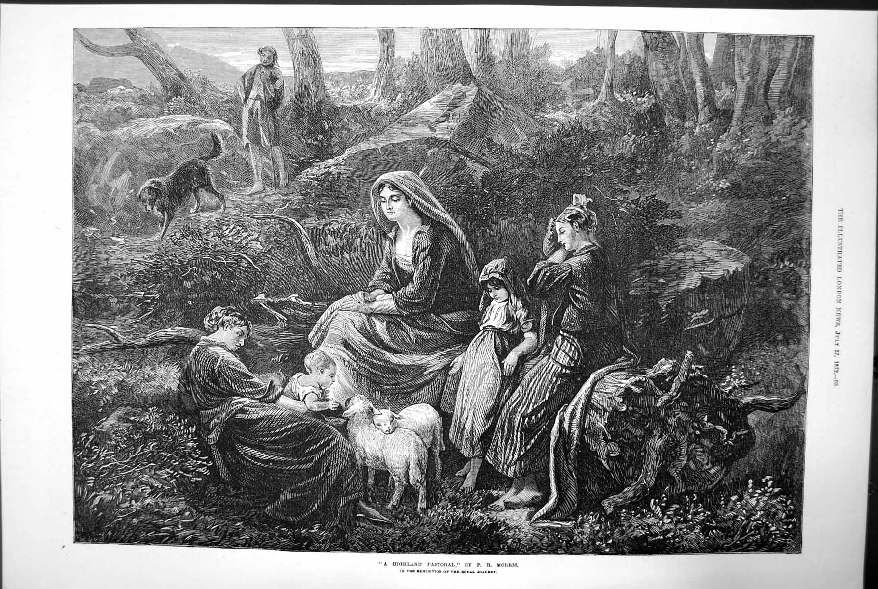 Antique Print A Highland Pastoral Pr Morris Sheep Baby Dog Trees Women 1872