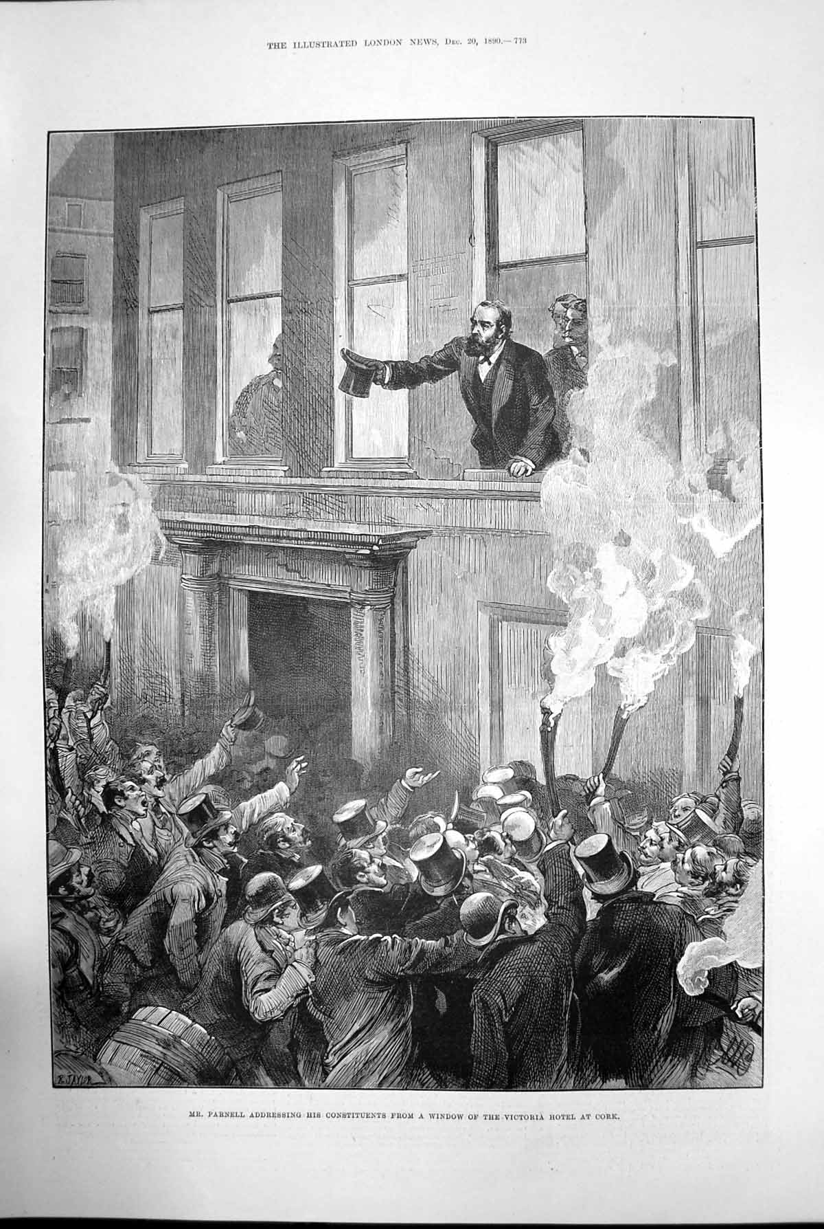 Antique Old Print Mr Parnell Addressing Constituents Victoria Hotel Cork 1890