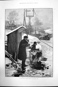 Antique Print The Signalmans Christmas Dinner Railway Line Steam Train 1890