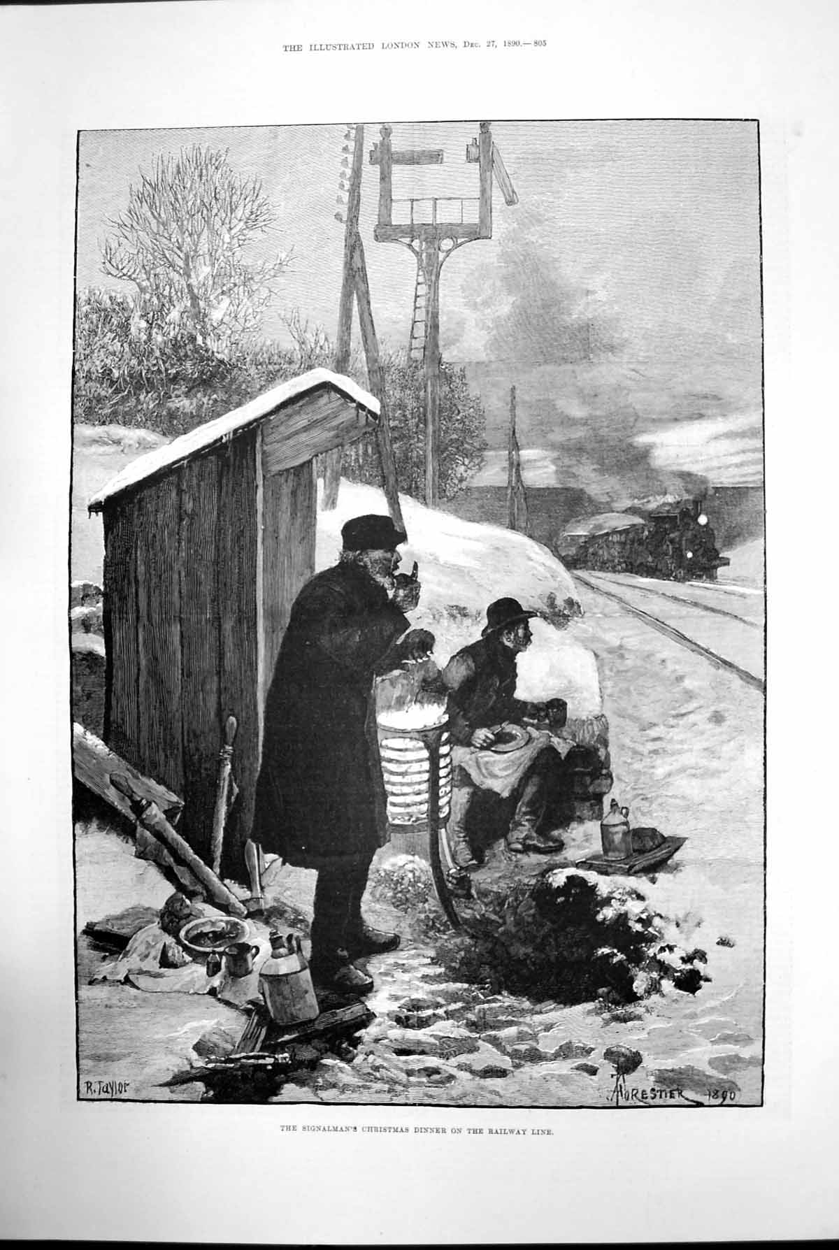 Antique Print The Signalmans Christmas Dinner Railway Line Steam Train 1890