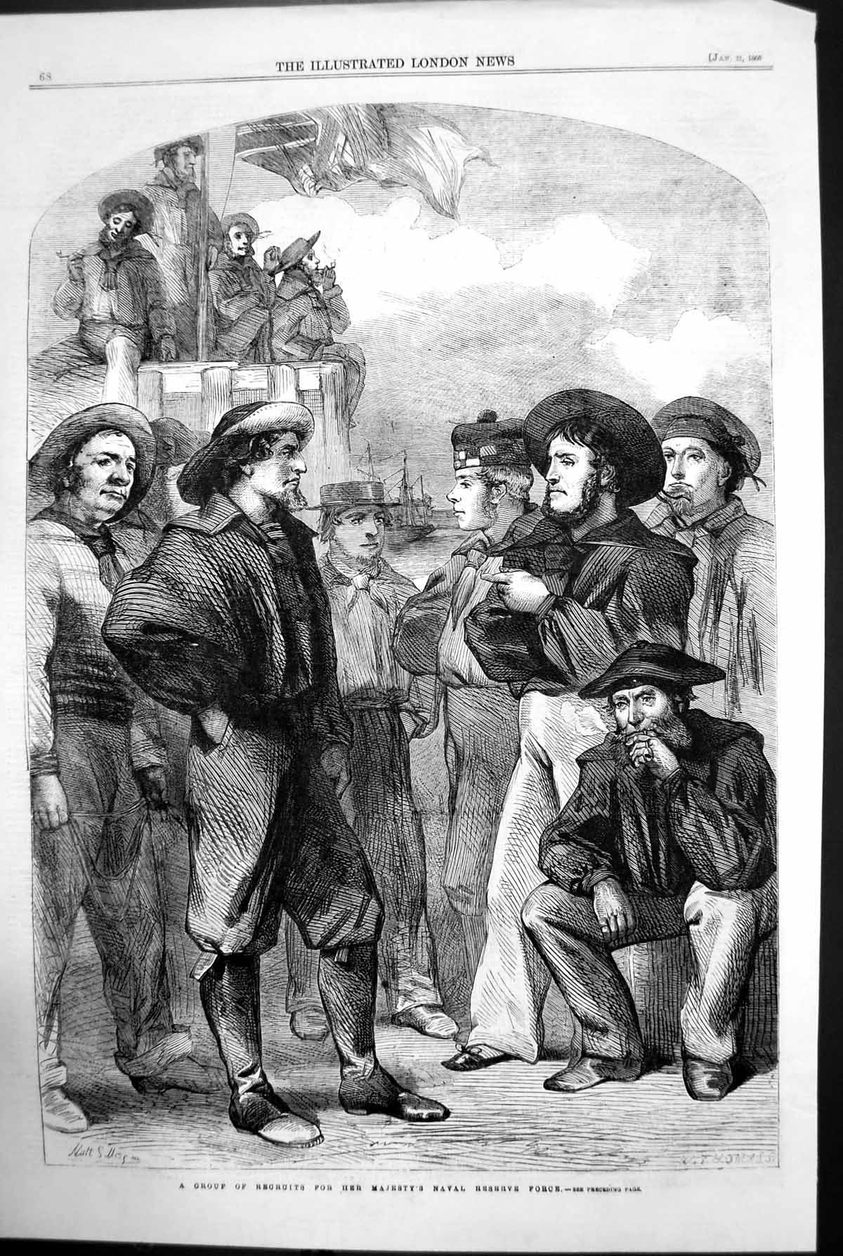 Original Old Antique Print Group Recruits Majestys Naval Reserve Force 1860