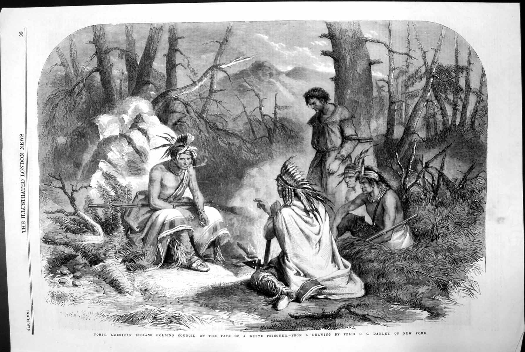 Antique Print North American Indians Hing Council Fate White Prisoner 1860 19th
