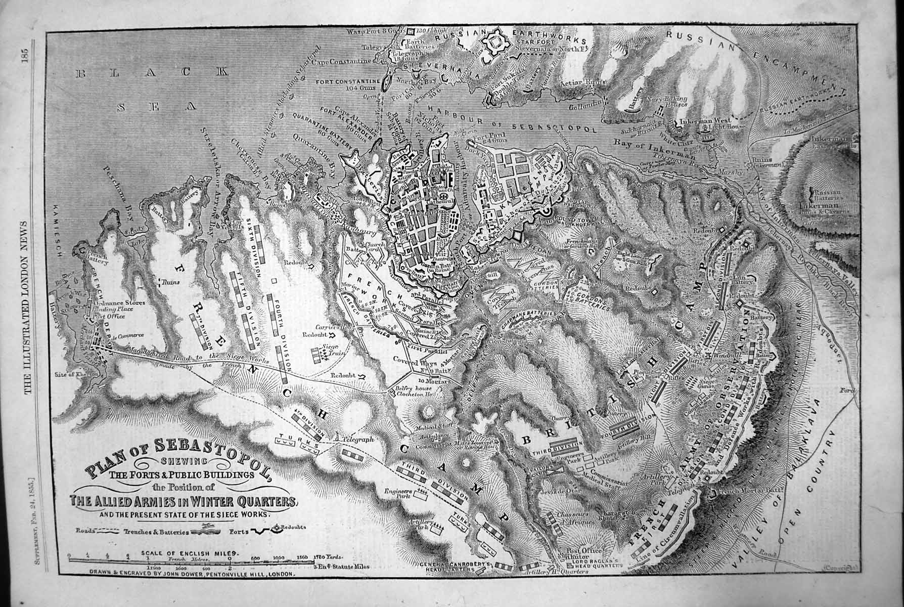 Old Print Map Allied Armies Winter Quakers Black Sea Balaklava Camp 1855 19th