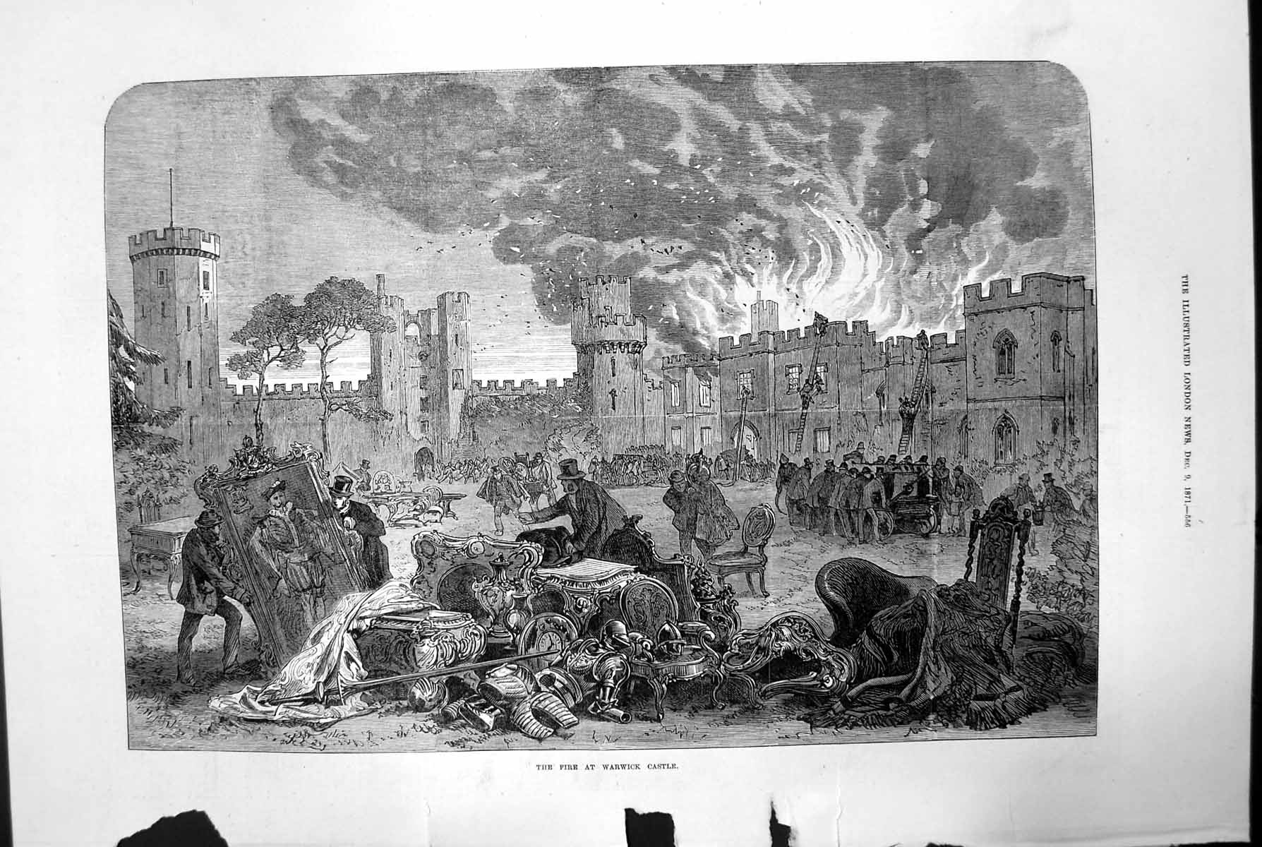 Antique Print Fire At Warwick Castle Brigade Armoury Ladder Paintings 1871 19th