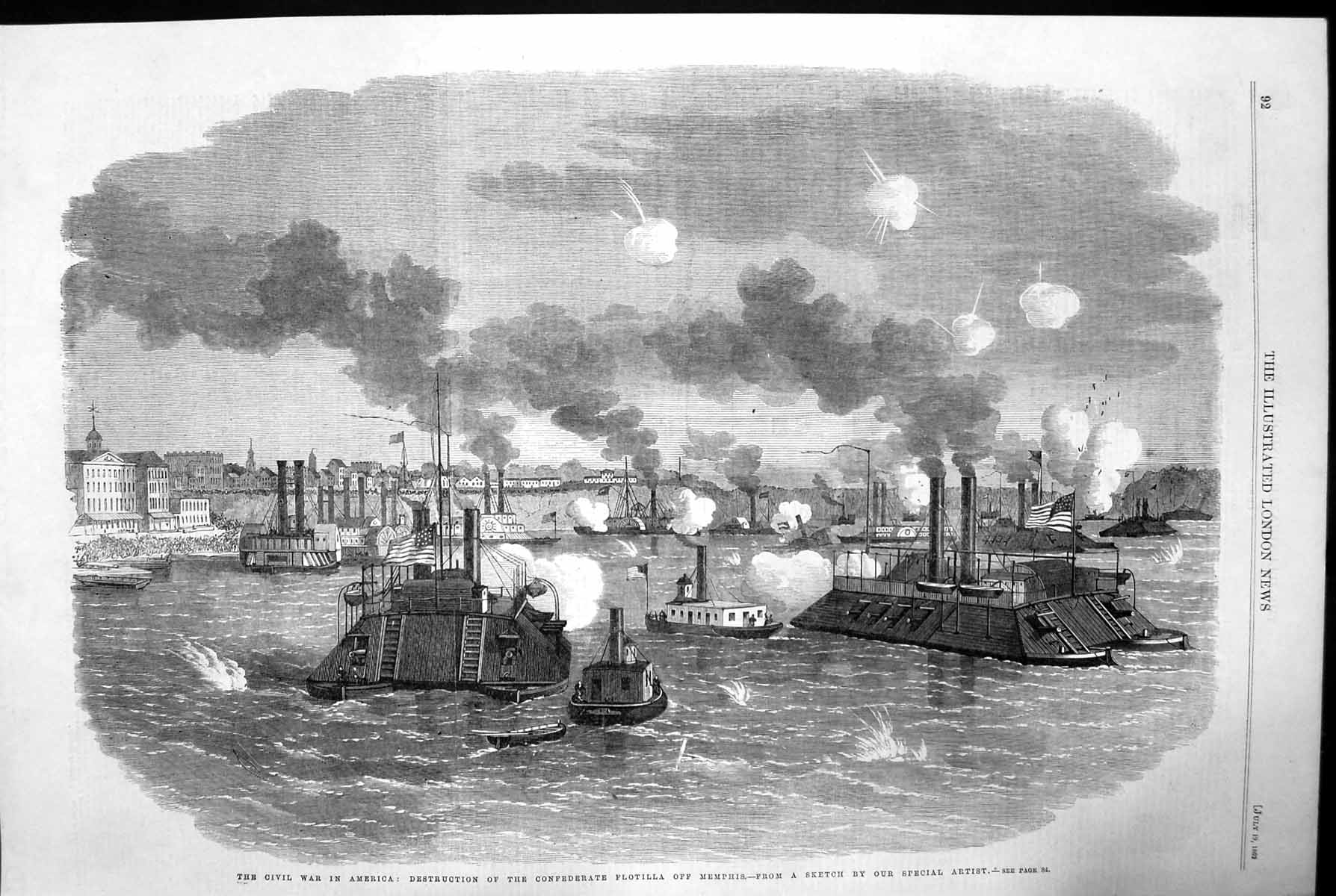Original Old Antique Print Civil War America Destruction Flotilla Memphis 1862